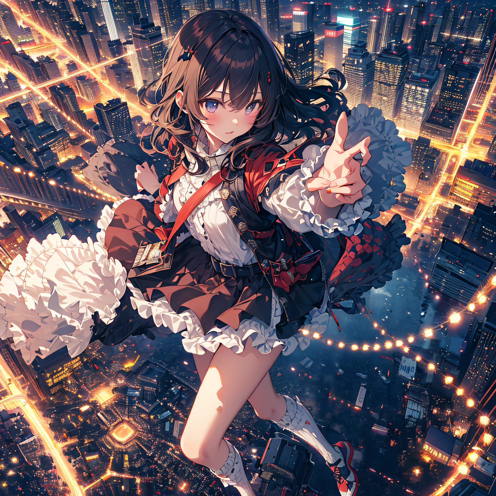ultra detailed game CG, (High resolution:1.1),(absurderes:1.1), 1girl in,  Girl, Solo, Simple Anime, nightcity, Overlooking the night view from a height