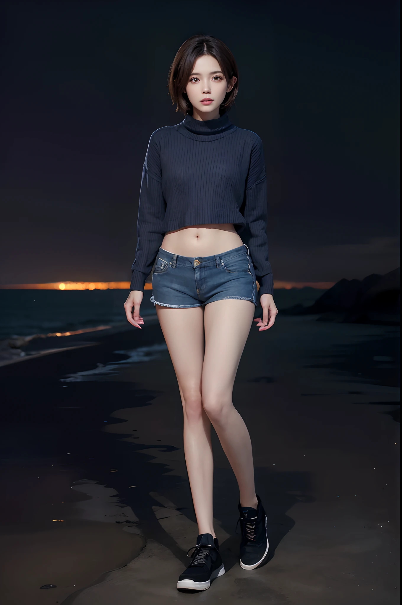 (masuter piece:1.3)、(8k、Photorealsitic、RAW Photography、top-quality: 1.4)、(1girl)、beautiful countenance、(lifelike face)、(A dark-haired、short-hair:1.3)、
Beautiful hairstyle、realisticeyes、Beautiful details、（real looking skin）、Beautiful skins、（Sweaters）、absurderes、enticing、超A high resolution、A hyper-realistic、high-detail、the golden ratio