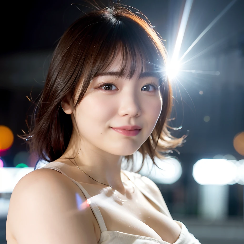 Top Quality, Photorealistic, 8k, High Definition, Girl 1 Person, Mei Nagano, (Skin Dent), (Big Breasts), (Professional Lighting, Bokeh), (Street), (People, Crowd: 0.6), Market, (Night: 1.2), Black Hair, (Blouse: 1.5), (Portrait: 0.6), Gorgeous, Bloom, (Floating Hair), (Light particles, Lens flare, Luminous particles: 0.6), ( Dynamic Pose: 1.2), soft lighting,