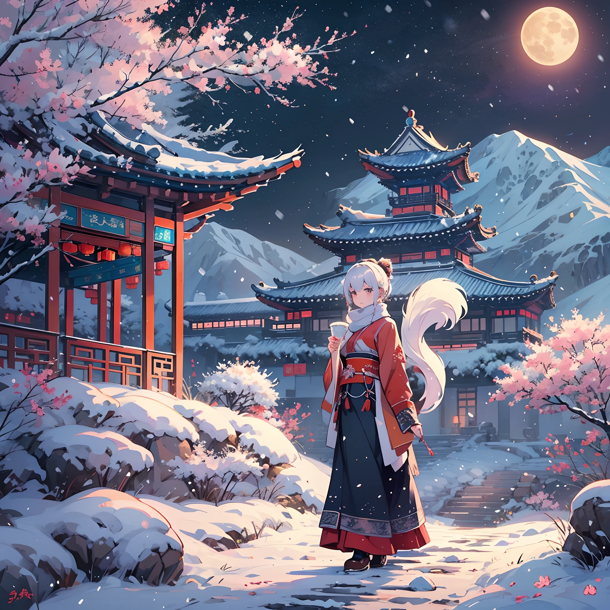 Best quality,A high resolution,Ultra-detailed,Sharp focus,Physically-based rendering,Towering snow-capped mountain background，The palace is on a snowy mountain，Chinese winter clothing,girl，Detailed clothing，Pure white fox tail scarf，Lantern in hand，Walk towards an ancient Chinese palace,Colorful flower fields,S-curve composition,during night,Starry sky,Moon,Painting in minimalist style