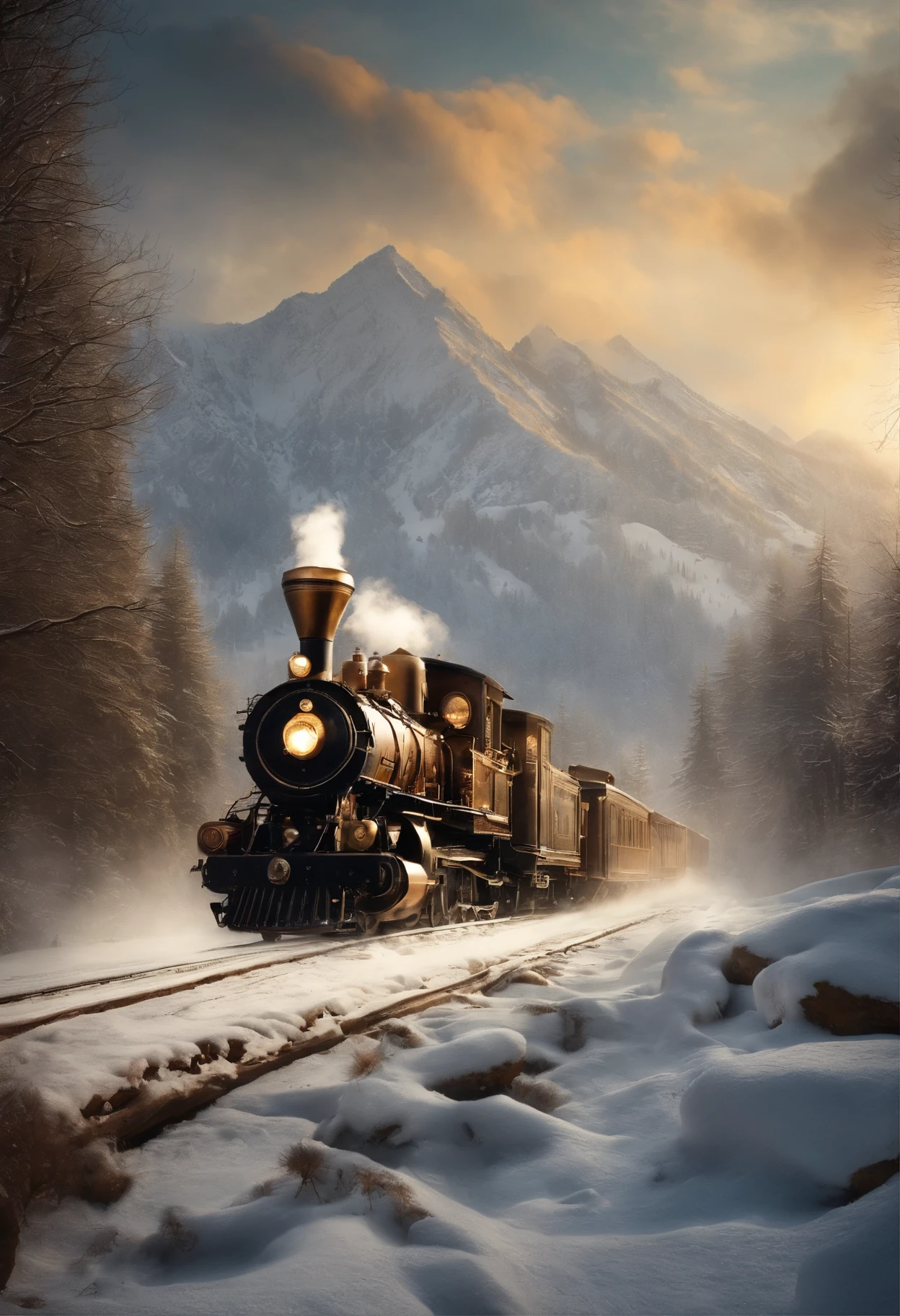 dieselpunk look, Fantastic scenery on snowy mountains、snowy peak。 (Atmospheric volumetric fog:1.1), (Masterpiece:1.4) (illustratio:1.2) (Best quality:1.4) (8K) (hdr) (Wallpapers) (Cinematic lighting) (sharp-focus) (Intricate)