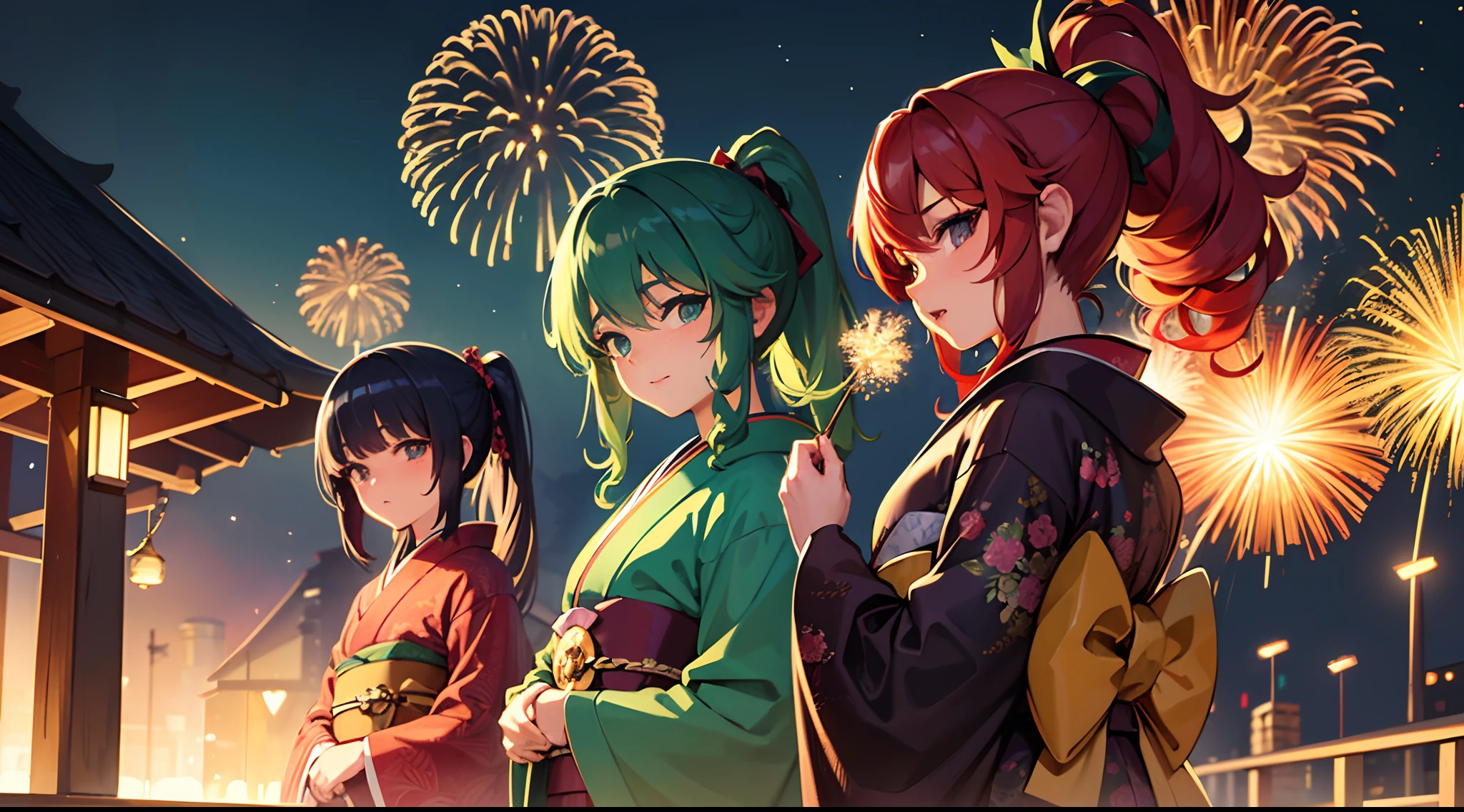 masterpiece, lots of detail, 4k, 8k, ((ultra-detailed)), highres, soft lighting, 3girls, kimono, fireworks, {red hair|green hair|black hair|blue hair}, {ponytail|short hair|long hair|curly hair}