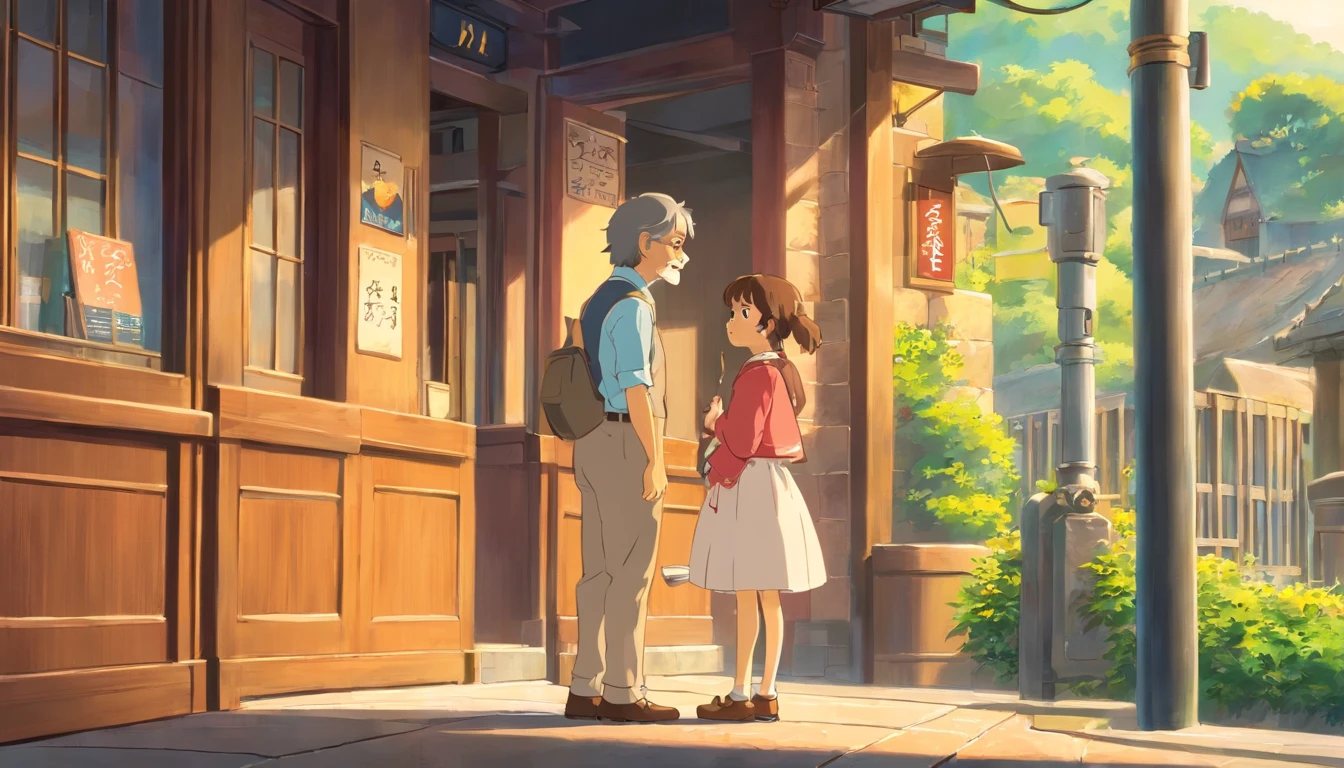 The little girl waiting at the station is her father,in the afternoon,heartwarming moment,Beautiful picture,in style of hayao miyazaki,in style of ghibli