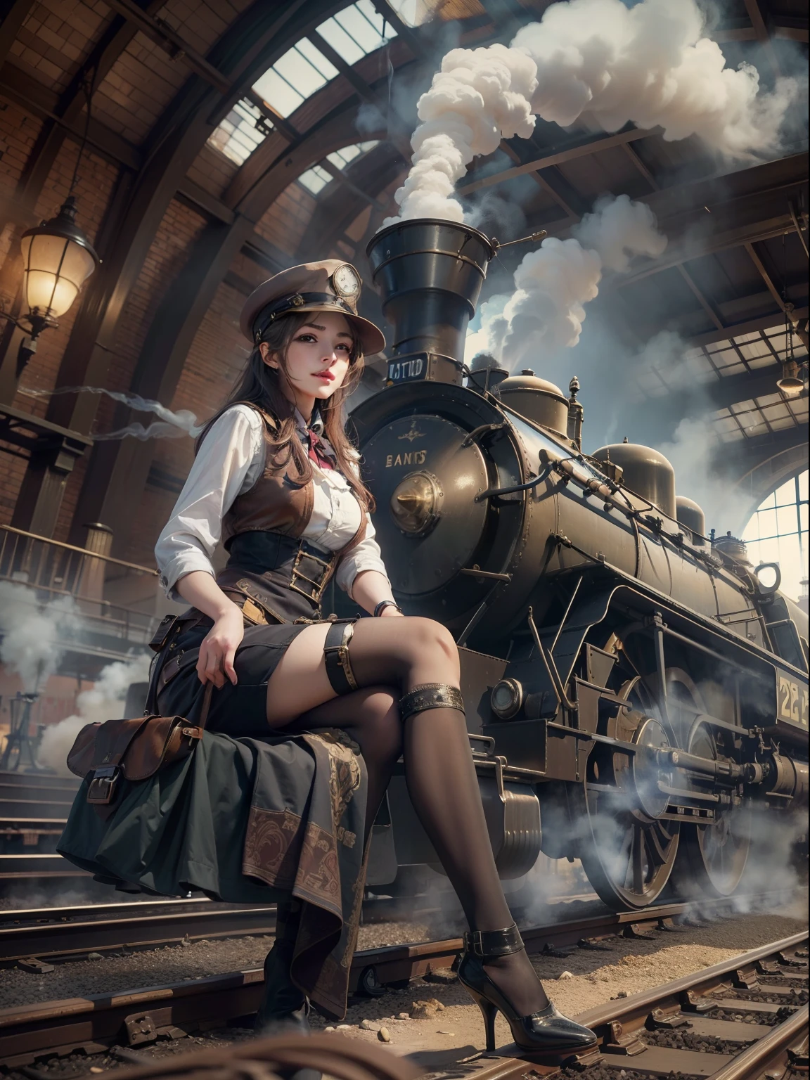 1 girl, Pilot hat , Solo, Steam punk, Train station, , steams, Smoke, Masterpiece, Highly detailed,hdr,8K resolution, Best quality,blackstockings