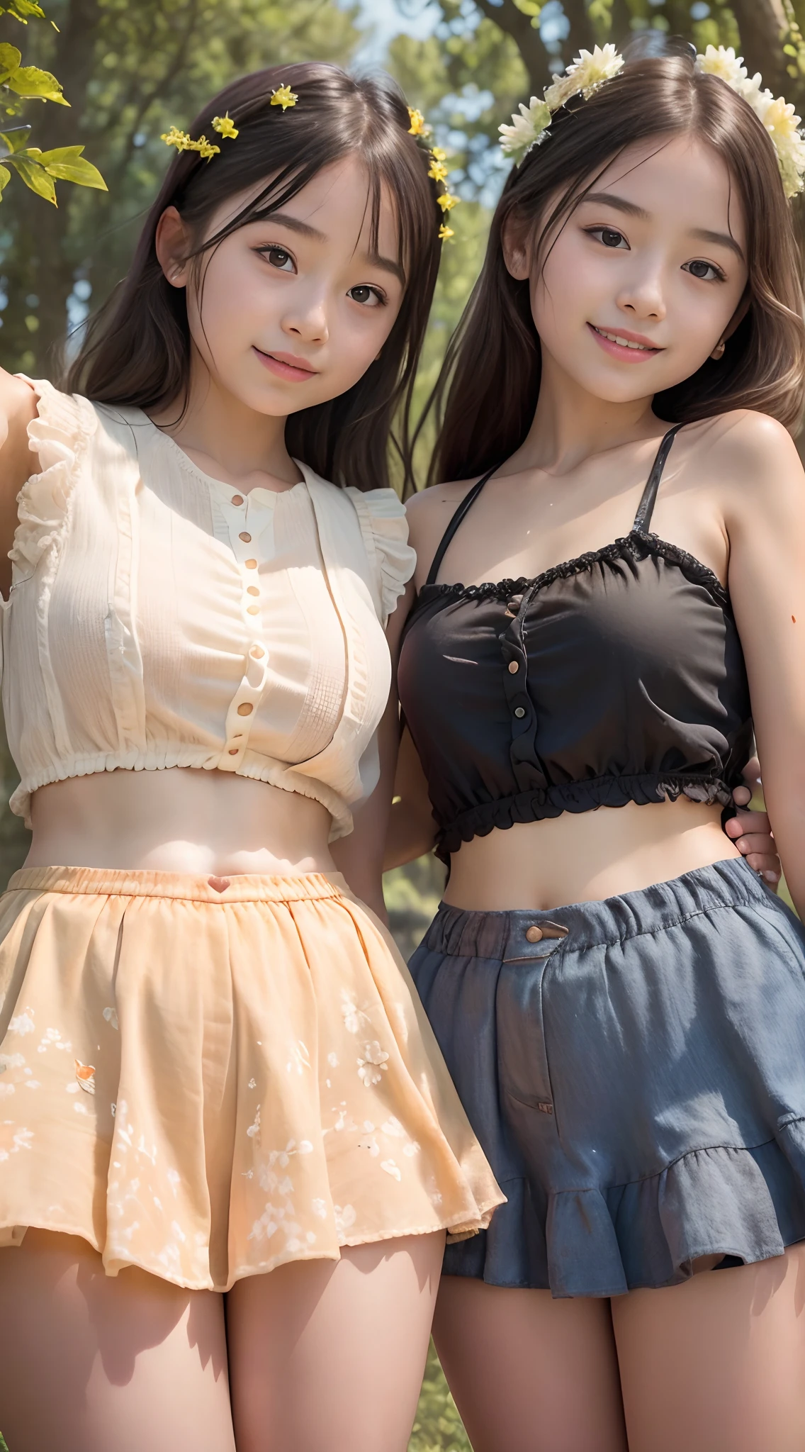 (2girls same age:1.2) , couple focus, japanese girls,frilled summerdress, adorable, yo, twintails, hair scrunchie, (smile), sunny day, standing, , (low contrast:1.1), (high saturation:1.0), (extremely detailed skin), (best quality:1.0), (ultra highres:1.0) ,(photo realistic:1.0), (ultra detailed:1.0), (8k, RAW photo:1.1),(skirtlift:1.0)