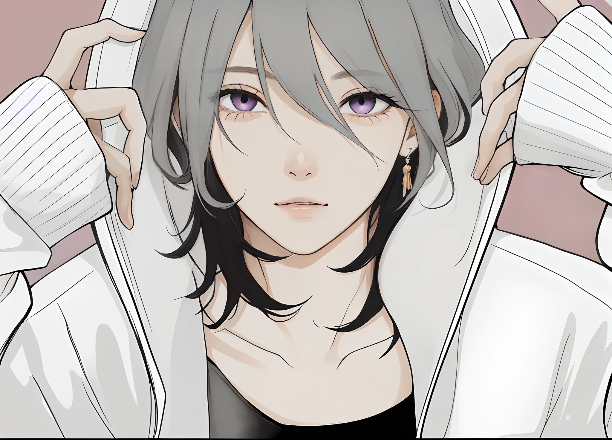 ojos amarillos, ((ojos dorados: 8.0)), ((mirada intensa)), ((disdain)), ((desprecio)), ((Expression of haughtiness and arrogance)), ((aires de superioridad: 8.0)), ((cabello blanco)), Piercings en las orejas, ((light purple gradient on the bottom of the hair)), ((rasgos faciales delicados)), ((androgynous)), ((joven hermoso)), joven, Cabello suave, dientes afilados, molestia, ((una deja arqueada)), (Sonrisa traviesa)