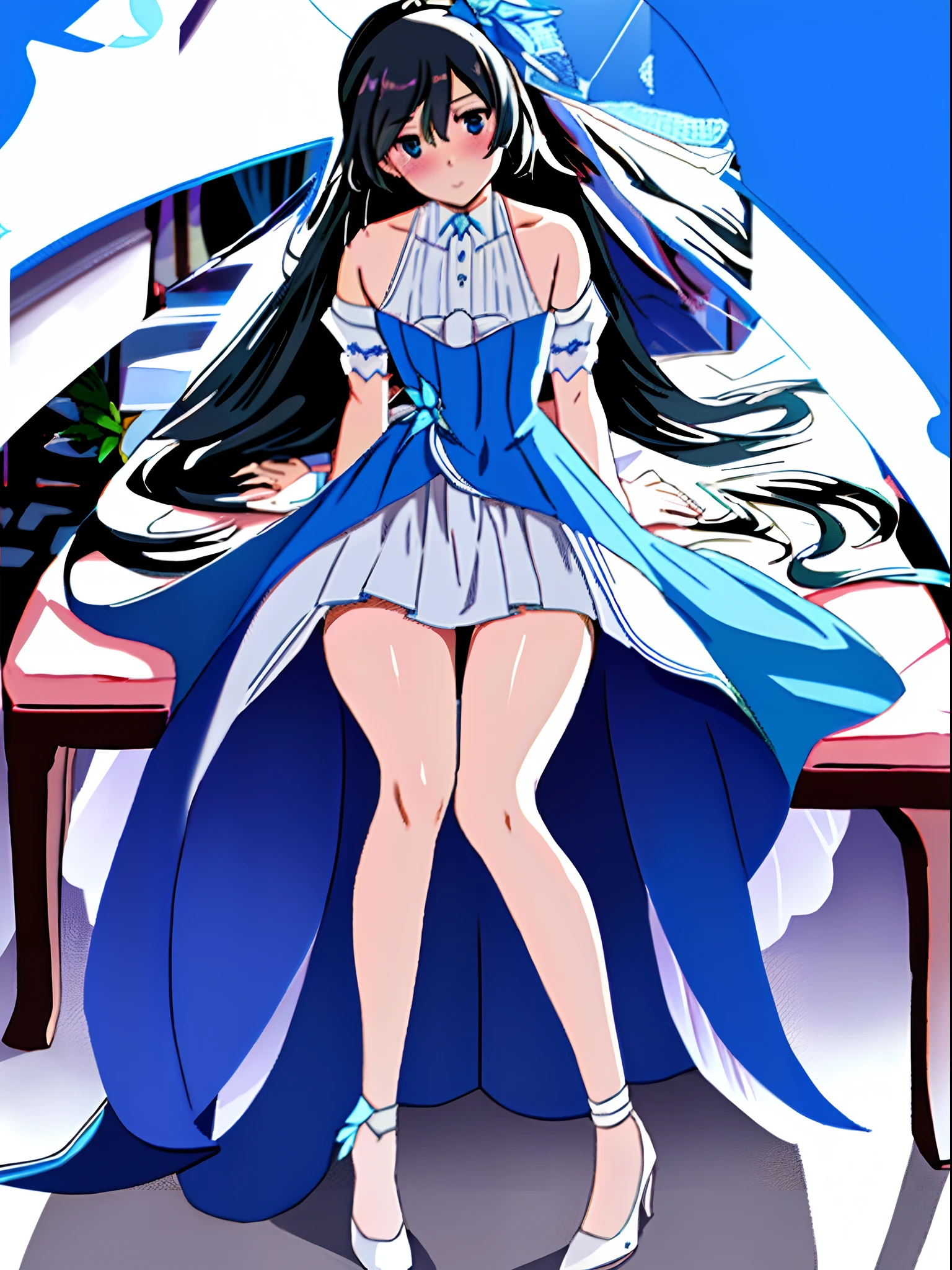 Masterpiece, Best quality,1girll,Solo, Fu Hua\(Azure Pavilion\), upper legs,Hair or name, Wedding dress,,White high heels, Small breasts,(sonoko:1.2), Blush, flower, Sunlight, Blue sky, White background, Cowboy shot, full bodyesbian, Sitting, Piano stool, piano,knees together feet apart, hair on one eye,