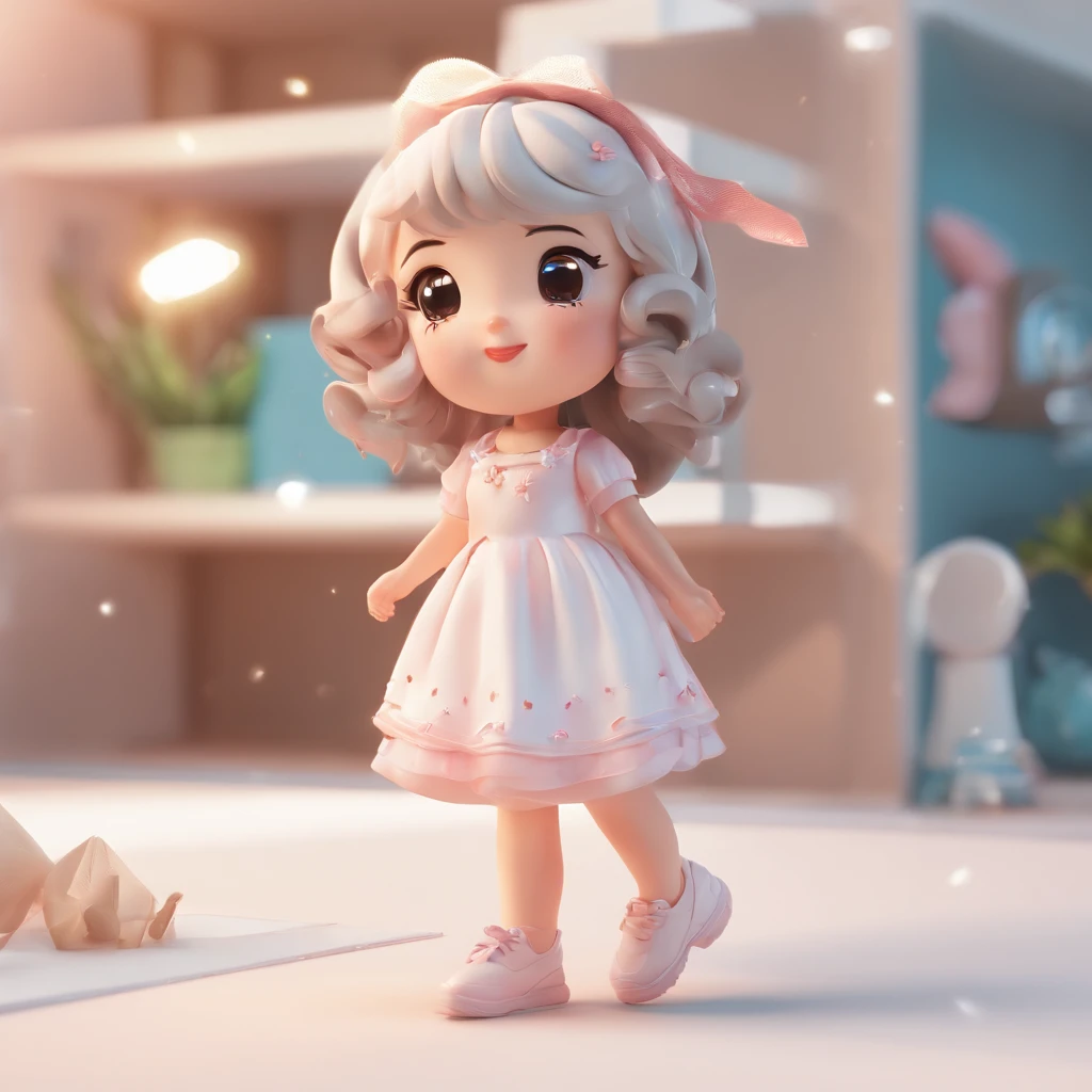 super cute girl IP by pop mart, Bright eyes,Running on，Little white dress, Clay, Models, a blind box toy, Glossy and delicate,Clean background, Good gloss, 3D rendering of,Best quality