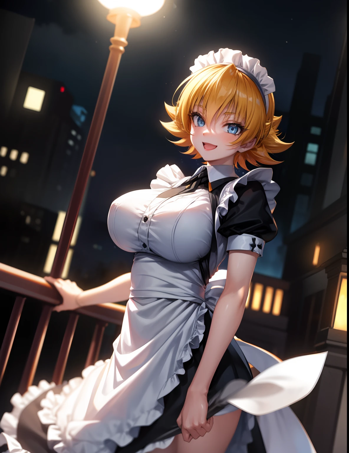igawa, huge breasts, flipped hair, hair between eyes, blue eyes, blonde hair, maid,cowboy shot, standing, looking at viewer, mansion, night,happy,
