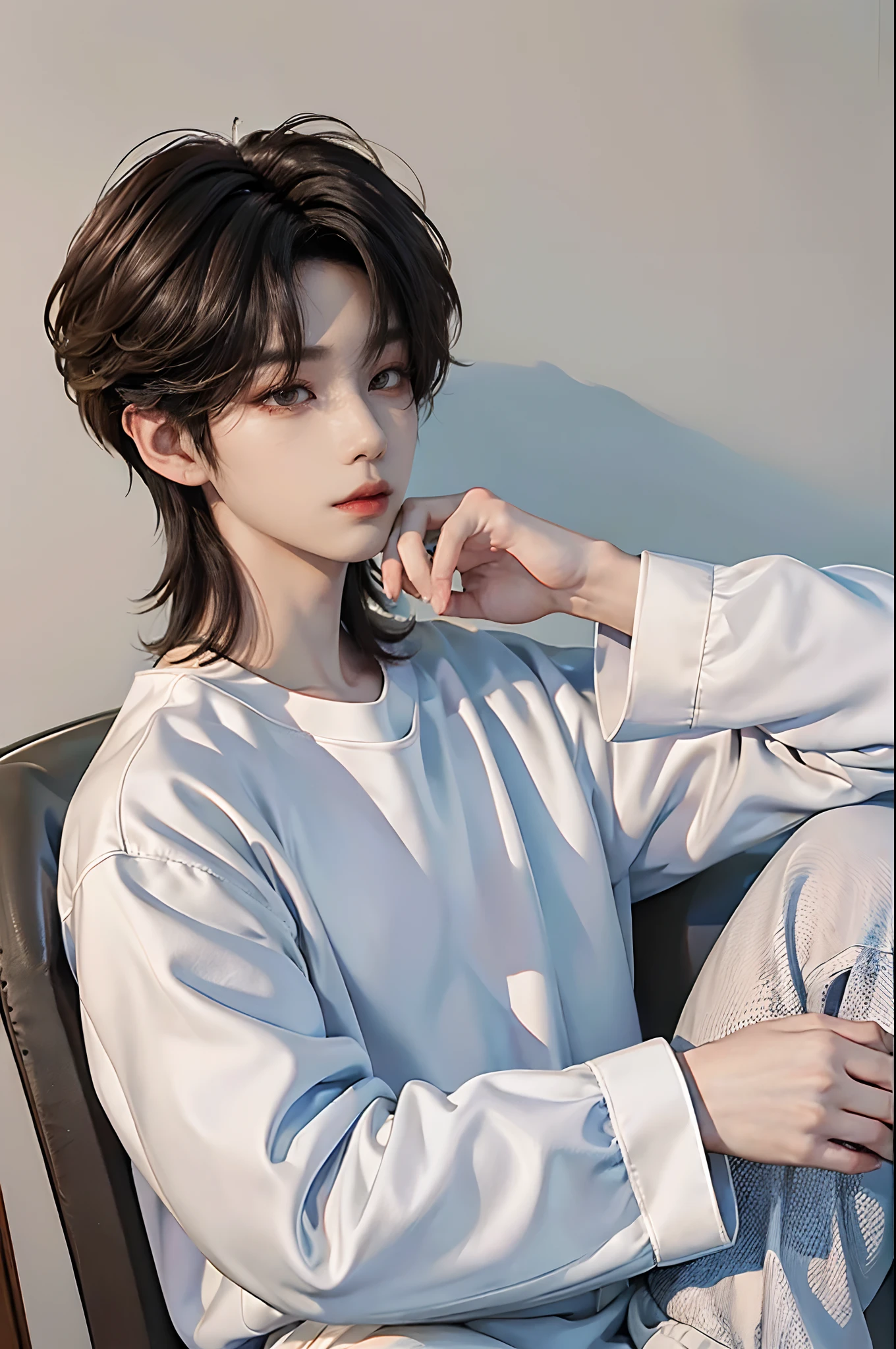 masterpiece、(top-quality)、((high-level image quality))、One Manly Boy、Slim body、((White Y-shirt and long black pants))、(Detailed beautiful eyes)、Stylish home room、Sit with your back to the wall、Face similar to Chaewon in Ruseraphim、((short hair above the ears))、((Smaller face))、((Neutral face))、((Light brown eyes))、((Korean boy))、((18year old))、((Handsome man))、((Wild look))、((Korean Makeup))、((elongated and sharp eyes))、((Sit next to the viewer))、((shot from a side angle))、((The upper part of the body))、((Close-range shooting))