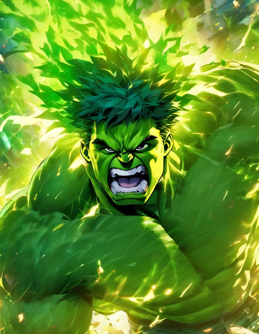 The Hulk,Transform into a Super Saiyan,Full body photo,中景 the scene is,tmasterpiece,high detal,high qulity,best qualtiy,A high resolution,16k,in a panoramic view,hyper HD:: --v 5