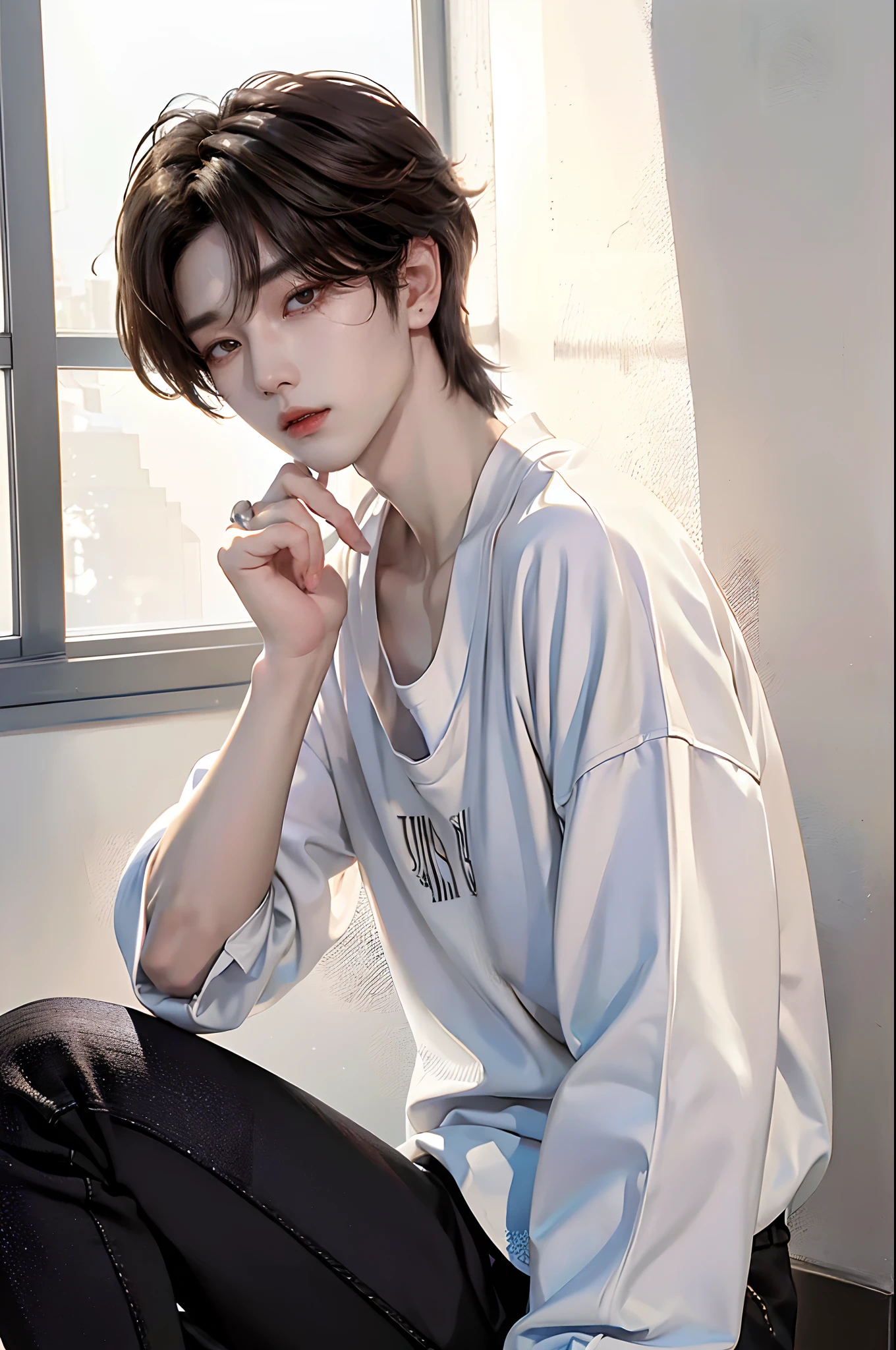 ​masterpiece、（top-quality)、((high-level image quality))、One Manly Boy、Slim body、((White Y-shirt and long black pants))、(Detailed beautiful eyes)、Stylish home room、Sit with your back to the wall、Face similar to Chaewon in Ruseraphim、((short hair above the ears))、((Smaller face))、((Neutral face))、((Light brown eyes))、((Korean boy))、((18year old))、((Handsome man))、((Wild look))、((Korean Makeup))、((elongated and sharp eyes))、((Sit next to the viewer))、((shot from a side angle))、((The upper part of the body))、((Close-range shooting))