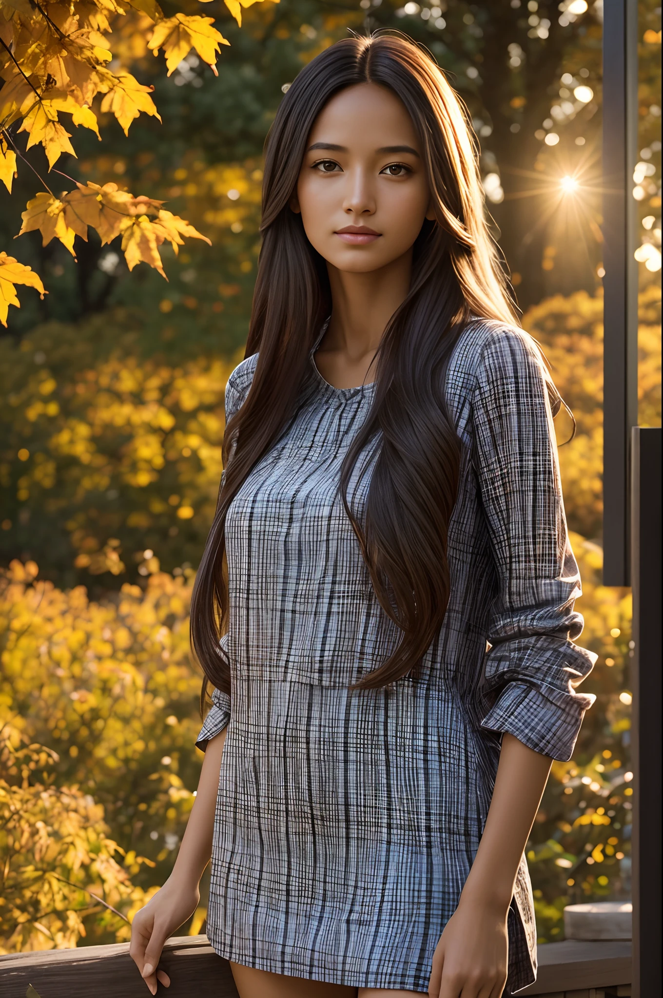 morena, Long hair, Slender figure, terrace, plaid, autumn, Evening, sunlight rays, warmth, Portrait, 85mm, F2.0, Light, ultra realistis, 8K, fm2.0, Cinema4D