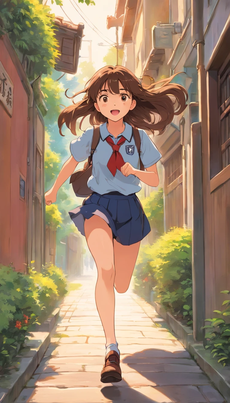 A girl with a long brown hair,with bang,running in the side walk ,wearing school uniform,panting.