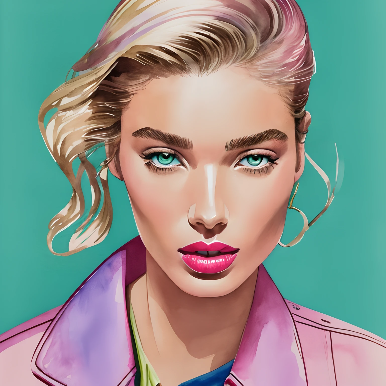 Manuel Rebollo. Illustration and Graphic Design, elgatoazul drawing, david downton drawing, line art image, slim elegant blonde thin short hair 1woman, pink lipstick, blue denim jacket, look, andreea diaconu mix stella maxwell, watercolor, beige, gentle green, lilac, minimalist style, graphic, sketch