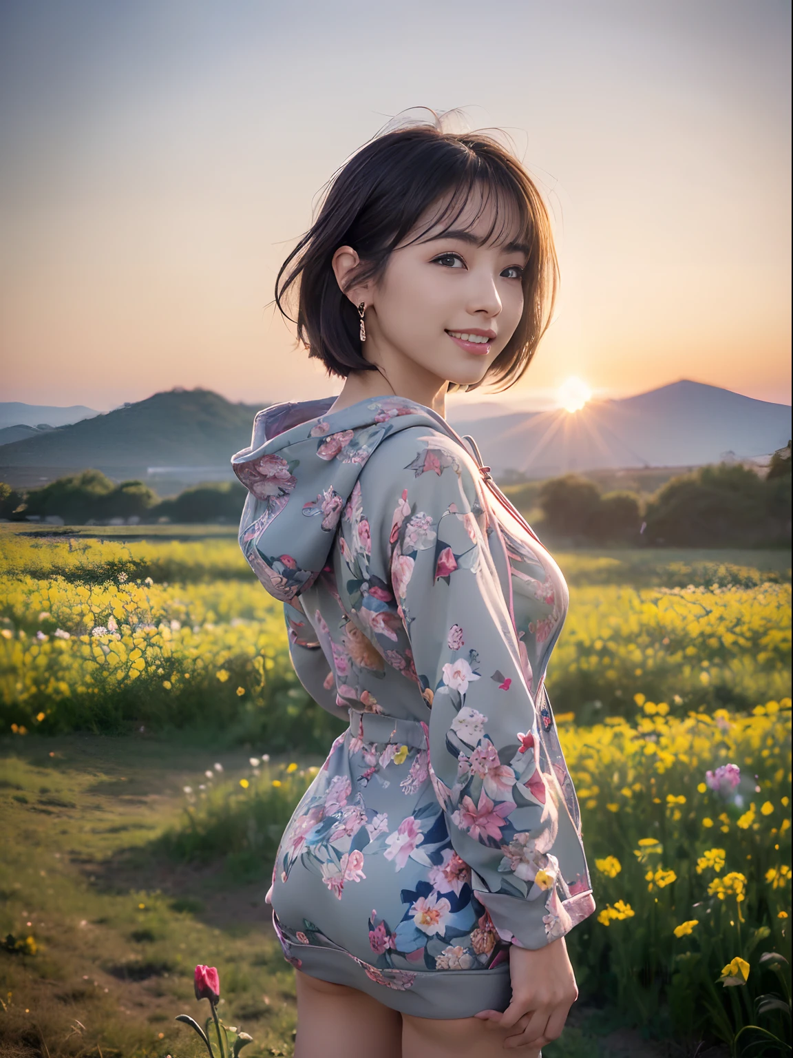 ((8K, RAW Photos, of the highest quality, Masterpieces), high definition RAW color photos professional close-up photos, (Realistic, Photorealism: 1.37), (Highest Quality), (Best Shadows), (Best Illustrations), ((Cute, Beautiful, Ultra High Resolution, High Definition CG Unified 8K Denden Wallpaper, Physically Based Rendering, Movie Lighting), analog style, Elegant, grateful, UHD 8K, Digital SLR, FujifilmXT3, Vibrant, Candid, Dramatic immersive sunset, (Detailed face, Skin Texture), Film grain, Natural light, looking in camera,(Idol),(1 japanese girl),(Photo of a girl in Japan ), (medium breasts), (makeup,lip stick,eye line,mascara,eyeshadows:1.1),glamor,(Perfect face), (Cute face), (Beautiful face), ((Floral hooded hoodie)), (earrings), ((short bob)), A field of flowers, Beautiful detail eyes, Light on the Face, ((Cowboy Shot: 1.2)), especially strong light, (Upper Eyes, Grinning smile:1.2),Shiny skin, ulzzang -6500-v1.1:0.2, Shy, (The Flash:1.2), (arms behind back:1.2), ((Good anatomy: 1.2)), ((An A field of flowers that is bright , the background is blurred: 1.2)),wakame