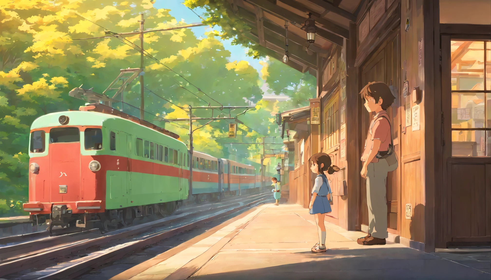 The girl waiting at the station is her father,in the afternoon,heartwarming moment,Beautiful picture,in style of hayao miyazaki,in style of ghibli