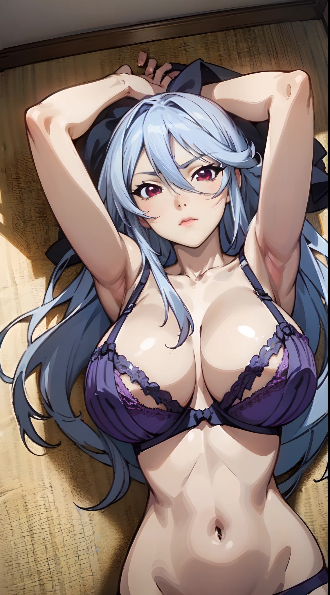 "((All purple briefs and bra body visible)), (laying on her back),(arms above head),(" wife room"),(red eyes), (long hair), (huge tits),(masterpiece anime face ),(1girl),(realistic), (masterpiece eyes detailed) "