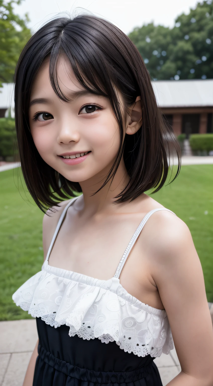 超A high resolution, Best Quality, Detailed face, AW photo high ,Shot from the front of the body、Facing forward、adolable、 High nasal muscles、Smile,　((small tits))、 a park, Realistic face, ((8  girl))、Smile,　a park, Low contrast, Soft cinematic light, Soft cinematic light, short-hair,　bobhair、 Smile,　 Black hair, 8-year-old , ((Fle children))、Summer, Mini One Piece,　 Simple dress, Dynamic Side ,Perfect 、detailed hairs, (1girl in )、looking at the viewers,