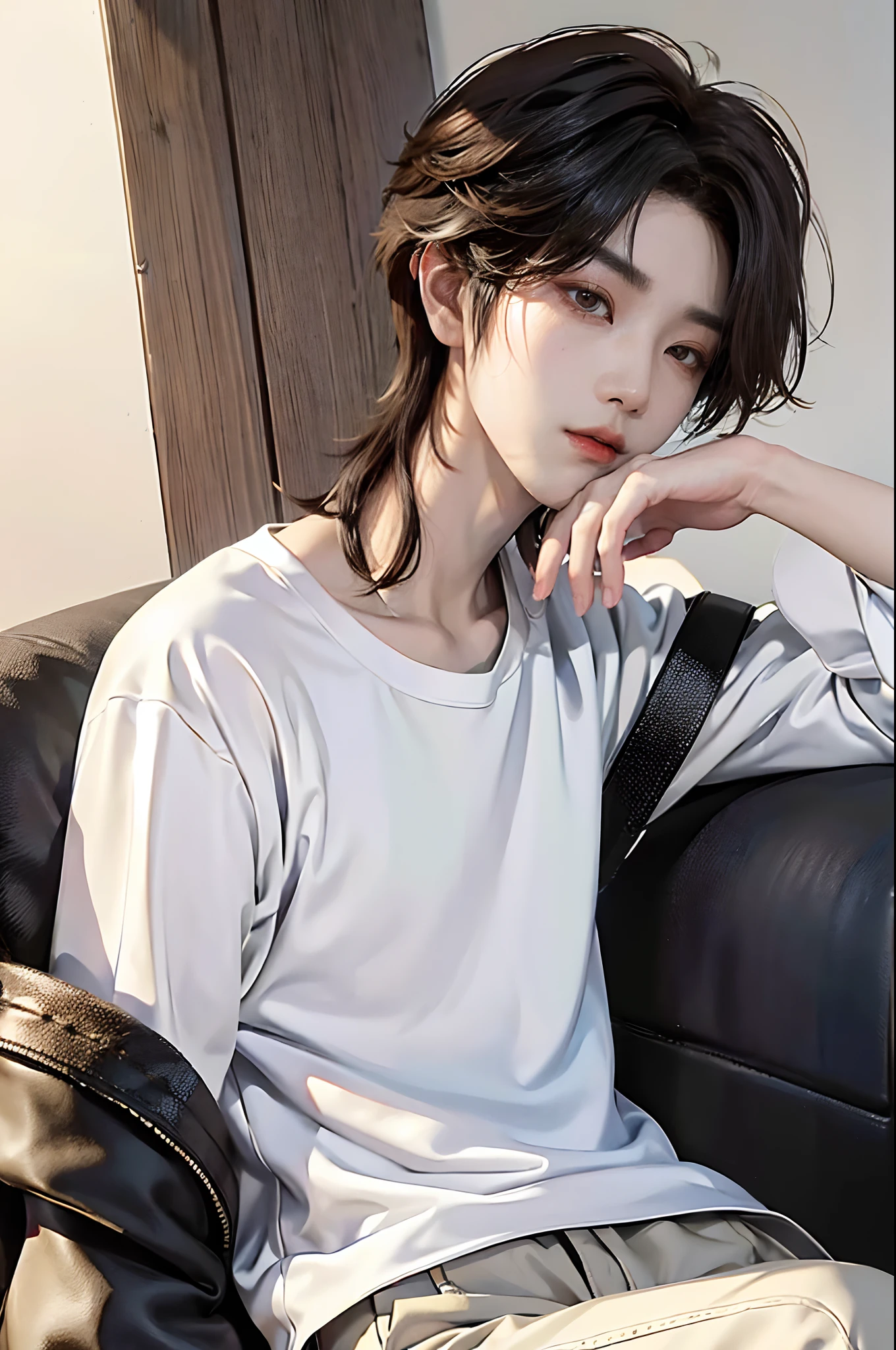 masterpiece、(top-quality)、((high-level image quality))、One Manly Boy、Slim body、((White Y-shirt and long black pants))、(Detailed beautiful eyes)、Stylish home room、Sit with your back to the wall、Face similar to Chaewon in Ruseraphim、((short hair above the ears))、((Smaller face))、((Neutral face))、((Light brown eyes))、((Korean boy))、((18year old))、((Handsome man))、((Wild look))、((Korean Makeup))、((elongated and sharp eyes))、((Sit next to the viewer))、((shot from a side angle))、((The upper part of the body))、((Close-range shooting))