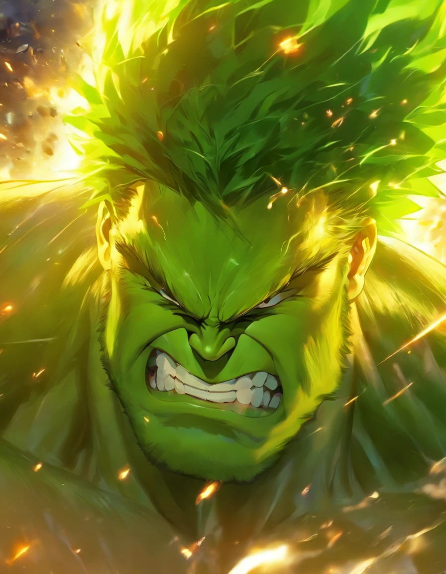 A combination of the Hulk and the Super Saiyan,Full body photo,tmasterpiece,high detal,high qulity,best qualtiy,A high resolution,16k,in a panoramic view,hyper HD:: --v 5