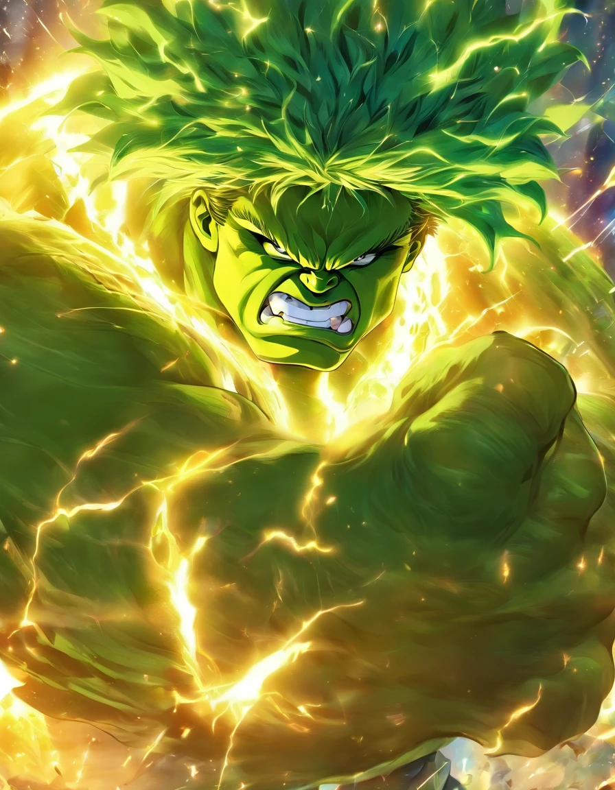 A combination of the Hulk and the Super Saiyan,Full body photo,tmasterpiece,high detal,high qulity,best qualtiy,A high resolution,16k,in a panoramic view,hyper HD:: --v 5