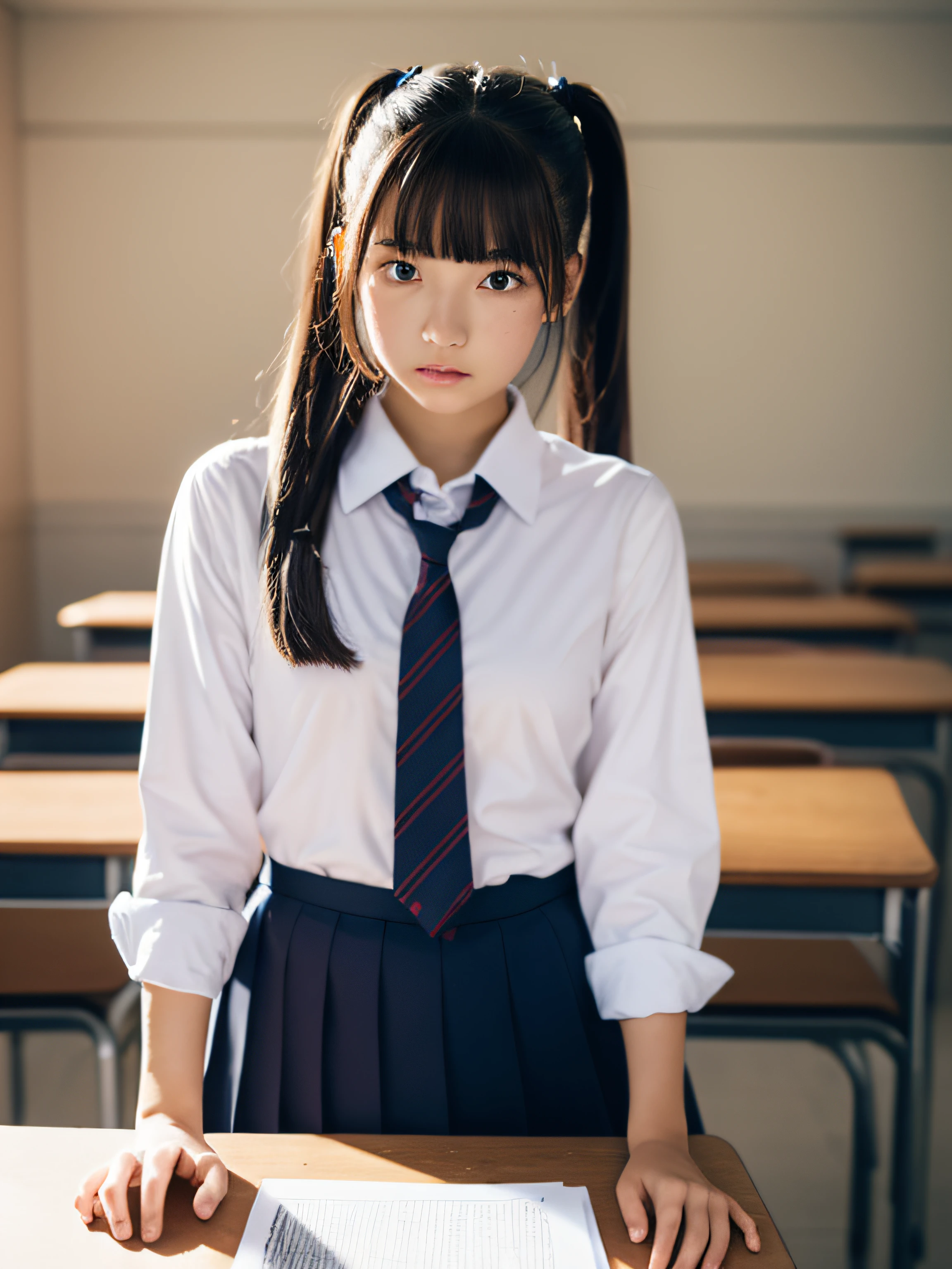 masutepiece, Best Quality, 1girl in, Looking at Viewer, One piece,, NamiOP, School uniform, School, School Desk,, Solo,
