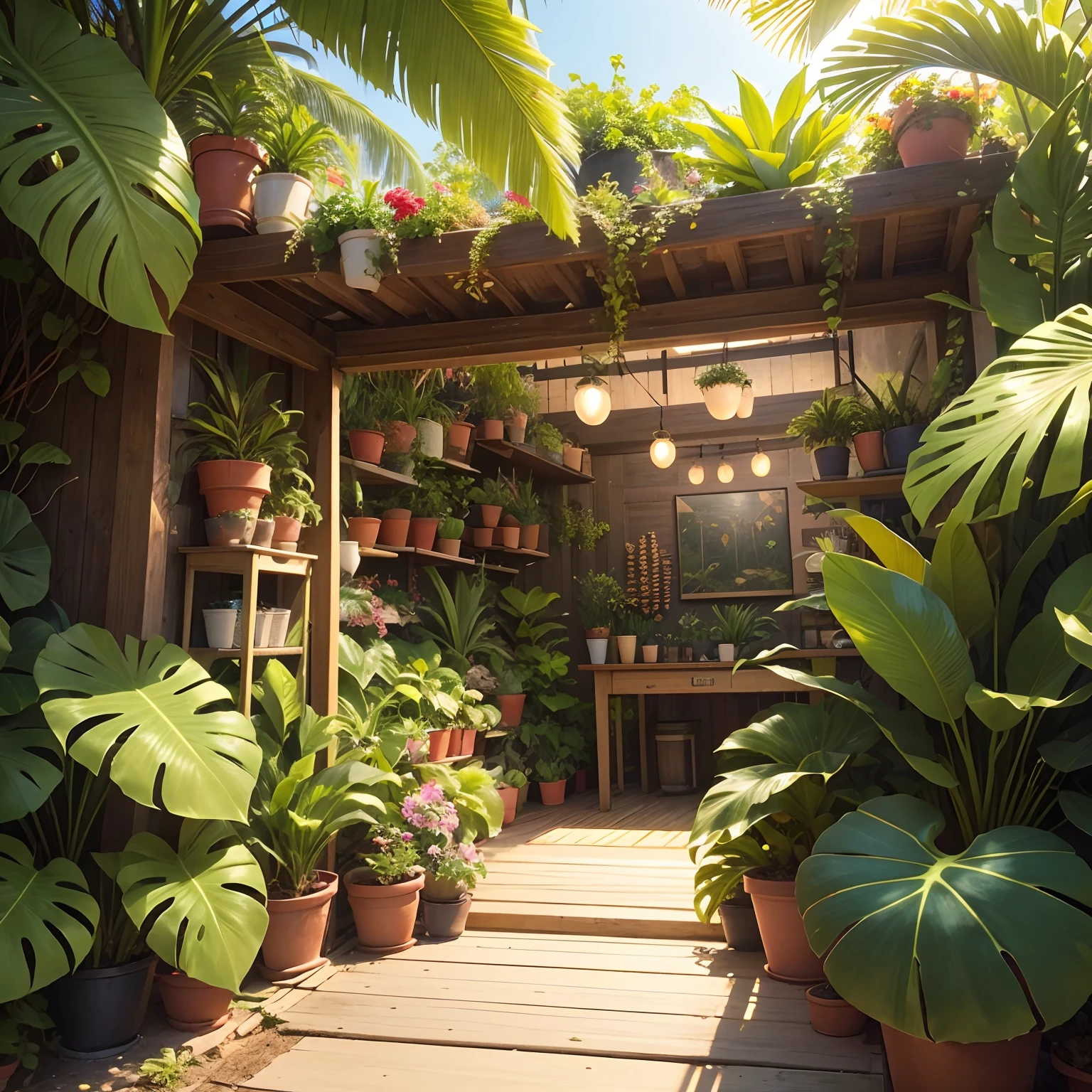 Pop-up store of tropical plants, vivid colors, lush greenery, vibrant atmosphere, exotic foliage, eye-catching display, lush tropical paradise, tropical paradise vibes, plants in full bloom, diverse plant collection, healthy and thriving plants, unique and rare species, botanical wonders, Instagrammable corner, botanical oasis, dreamy and inviting ambiance, plant lovers' haven, immersive experience, natural and organic beauty, botanical artistry, artistic installations, plant-themed decorations, verdant backdrop, abundance of life, tropical leaf patterns, refreshing and rejuvenating, plant care tips, knowledgeable staff, personal plant recommendations, interactive workshops, green thumb inspiration, botanical-inspired merchandise, plant-themed souvenirs, nature-inspired scents, tropical melodies, sun-kissed lighting, vibrant and energetic, joyful and uplifting. (best quality, realistic, ultra-detailed), HDR, UHD, studio lighting.