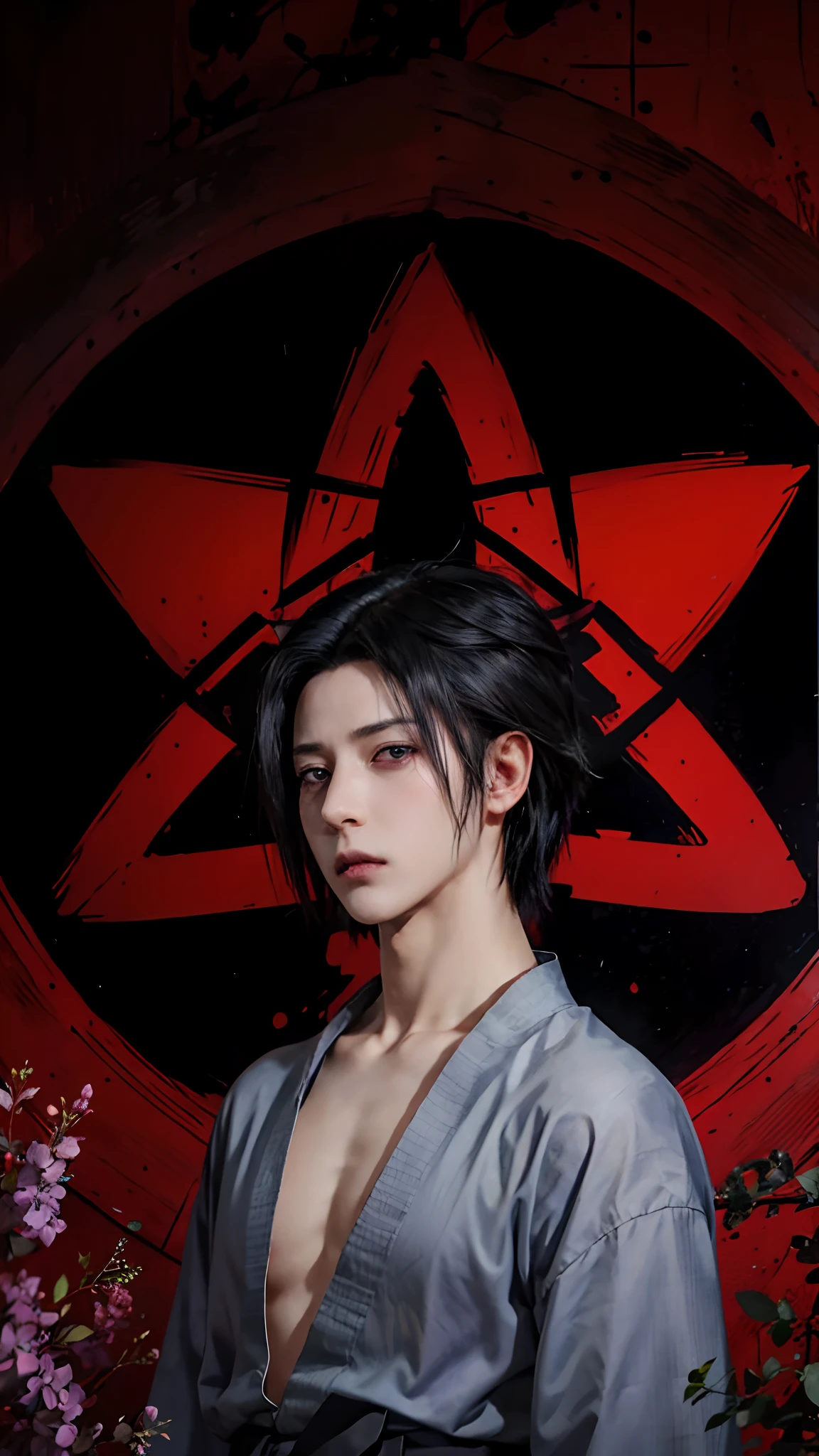 1man, uchiha sasuke in anime naruto shipudden, short hair , black hair, red ligth eyes, handsome, purple clothes, realistic clothes, detail clothes, city background, ultra detail, realistic