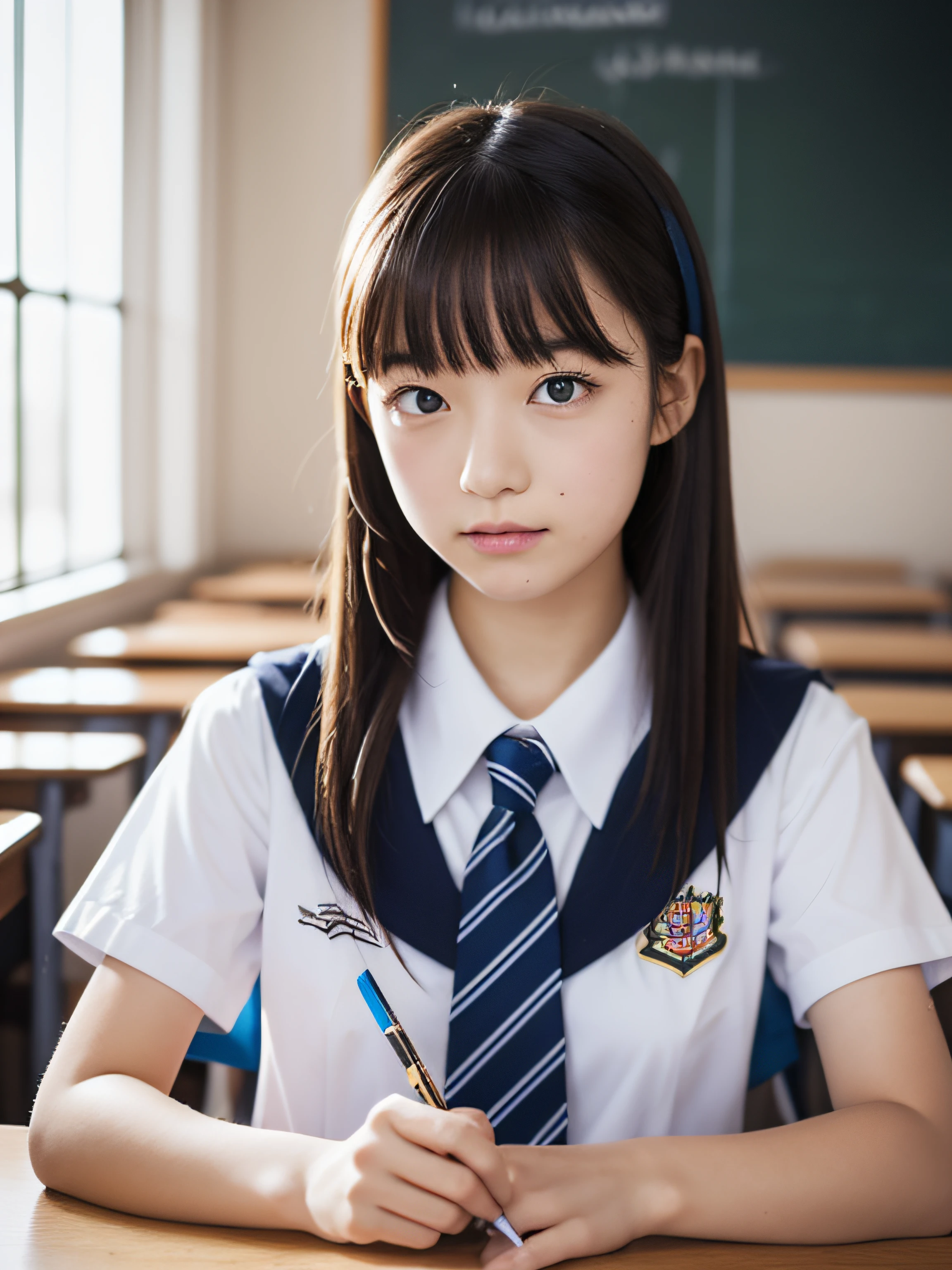 masutepiece, Best Quality, 1girl in, Looking at Viewer, One piece,, NamiOP, School uniform, School, School Desk,, Solo,