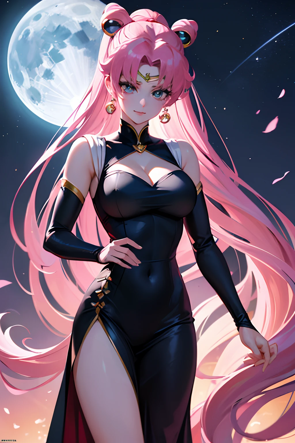 ((Masterpiece)), (Best Quality), (Ultra Detailed), ((Very Detailed)), 4K, (8K), Sailor Moon villian character, "Dark Lady", Long Pink Hair, Double Ponytail, Sailor Moon Aesthetics, Reversed moon sickle on head, black Long Dress
