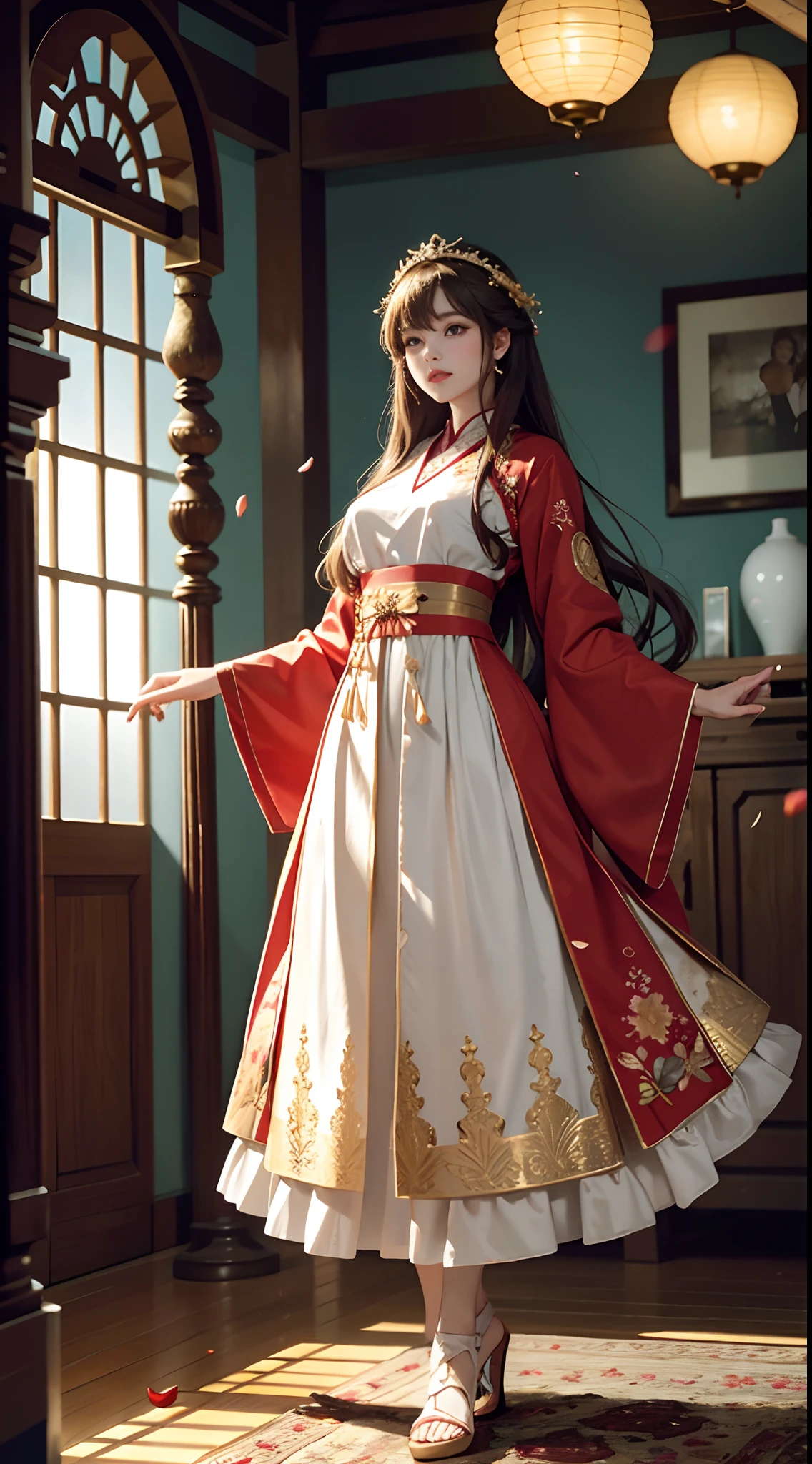 Need,tmasterpiece,A high resolution,(Delicate and extremely tall:1.1),(full body shot shot),Absolutely beautiful,(Milky skin:1.3),exquisitedetails,A high resolution,Wallpapers,1female,独奏,huge tit,big breasts thin waist,Giant buttocks,extra long leg,,shift dresses,hair adornments,(((Golden and red dress)) ), florals, extra very long hair, A brown-haired, Keep one's mouth shut, trinkets, longer sleeves, Raise Hand, Wide sleeves, Big eyes, Fluttering, Hanfu, Hanfu, embroidery, long skirt, natural poses, falling flower petals, inside in room, Fanning,lanterns,16K,HDR,A high resolution,depth of fields,(filmgrain:1.1),Bocoon,prime time,(lens flare glow),Vignette,rainbowing,(Color:1.5)