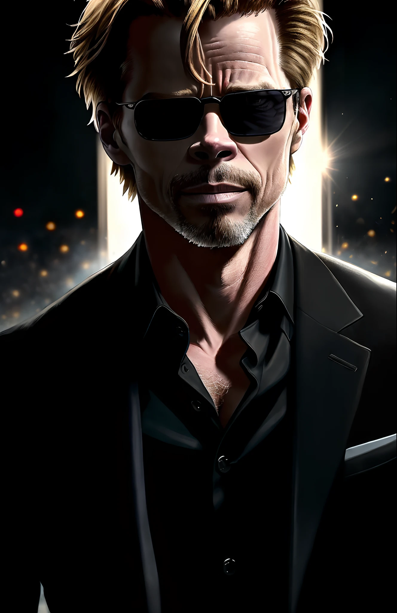 ((best quality)), ((masterpiece)), (detailed) fan art of evil blond man (Guy Pearce) in a pitch black suit emerging from the shadows, blond ((Guy Pearce)) stepping into the light towards the camera, Guy Pearce, the matrix (1999), square sunglasses, night, 80mm, ((western animation)), (Albert Wesker), (short hair), (extreme closeup)