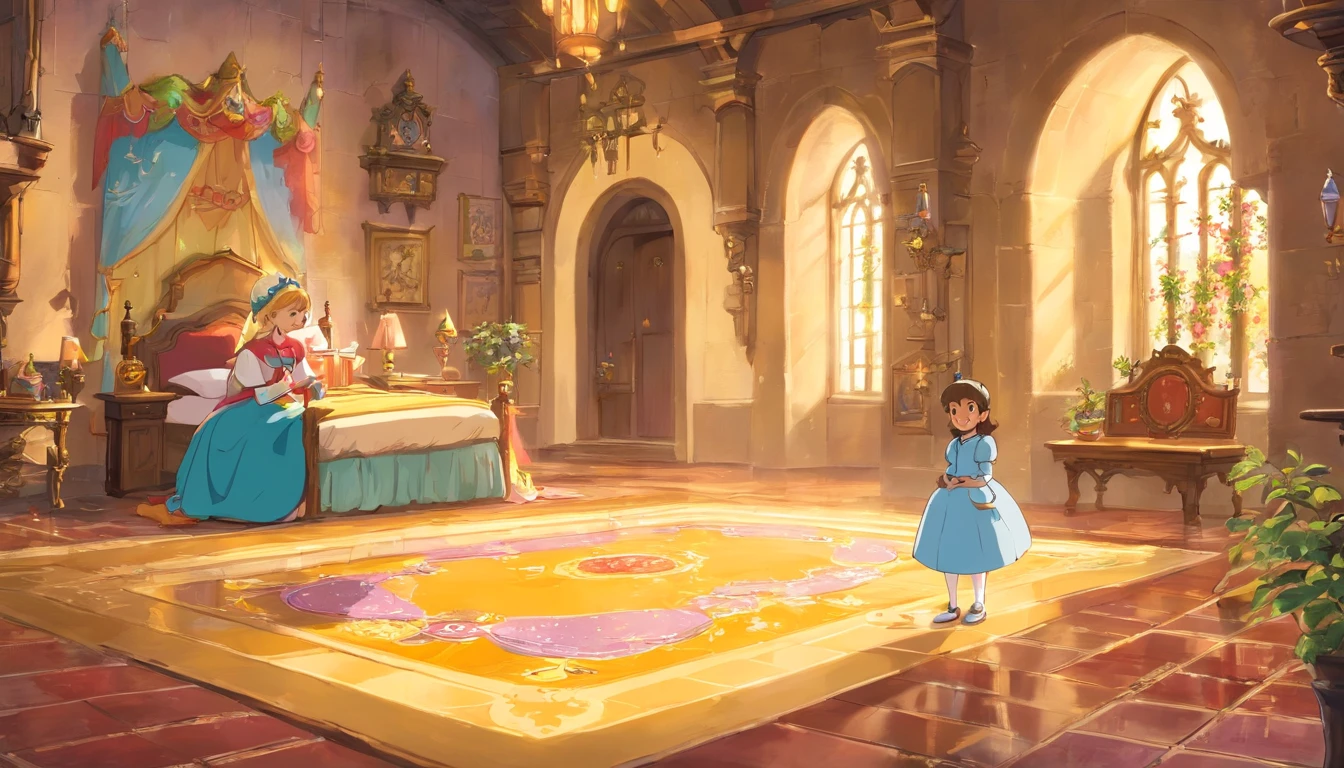 A princess and a littlee in the castle,The floor was littered with toys,Lots of good food next to it,magicle world