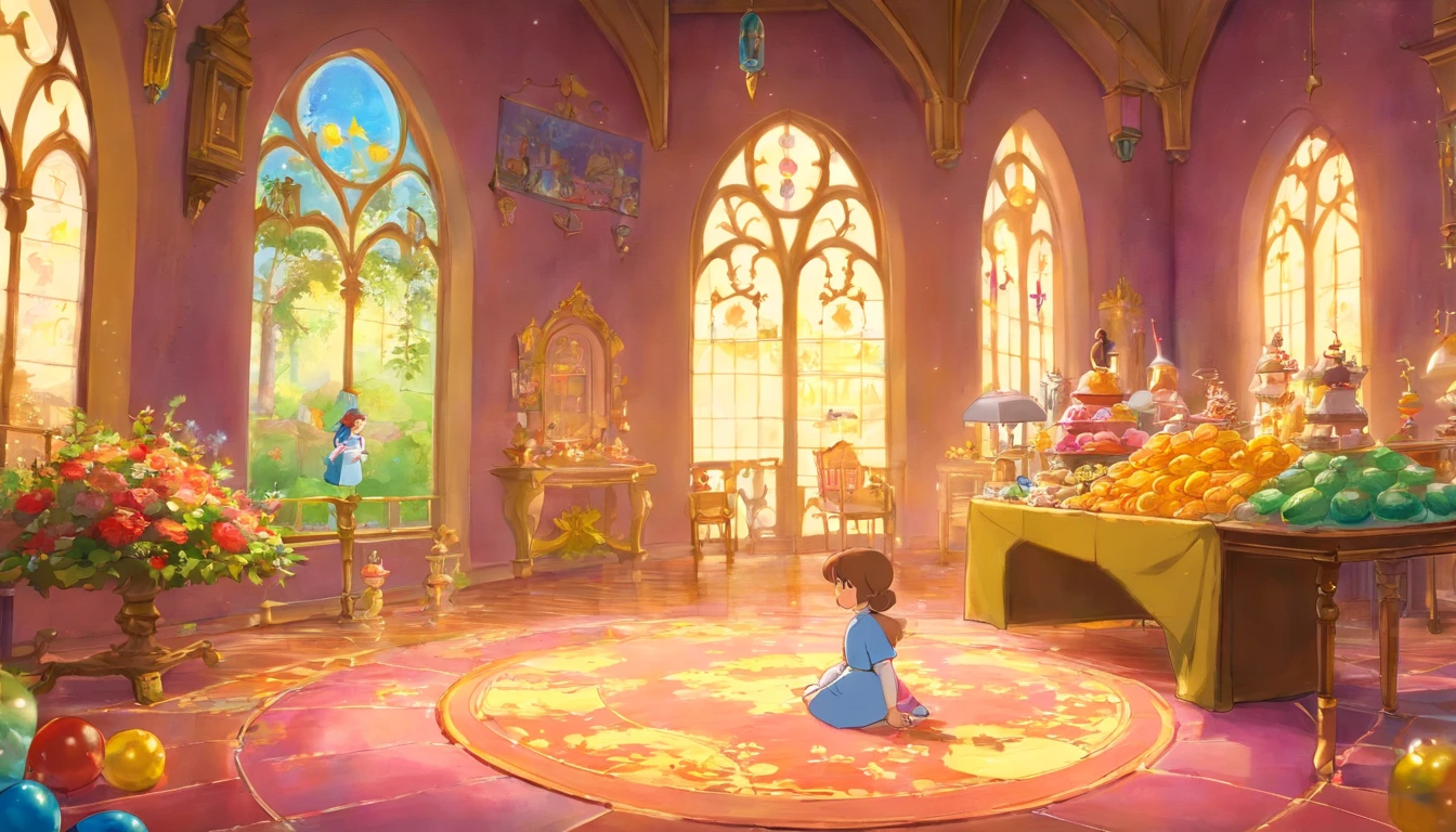 A princess and a littlee in the castle,The floor was littered with toys,Lots of good food next to it,magicle world