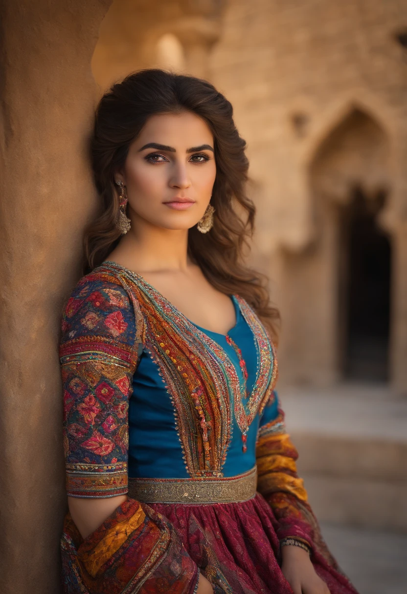 photoreallistic, Photograph of a beautiful Kurdish girl standing, wearing a colorful Kurdish dress, (((very heavy bust))), wavy hair, Assis sur des rochers, next to the citadel; of Erbil, Look into the camera, eyes symmetrical, symmetrical face, photoreallistic, photographie, Path layout, specular lighting, Volumetric facial light, Hair path, Ombres visibles, complexe, elaborate, hdr, Realstic, photographier avec unCANON EOS R5 +RF 24-105 F4 L IS USM