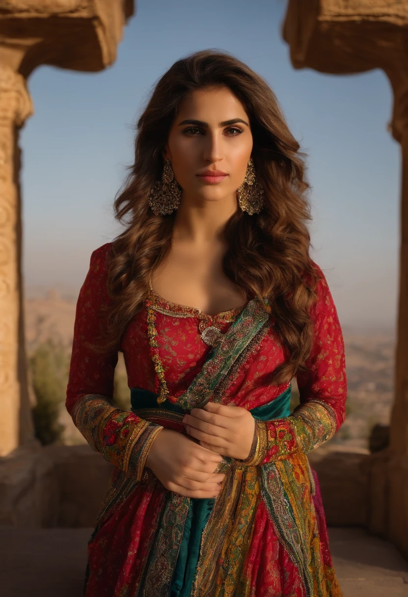 photoreallistic, Photograph of a beautiful Kurdish girl standing, wearing a colorful Kurdish dress, (((very heavy bust))), wavy hair, Assis sur des rochers, next to the citadel; of Erbil, Look into the camera, eyes symmetrical, symmetrical face, photoreallistic, photographie, Path layout, specular lighting, Volumetric facial light, Hair path, Ombres visibles, complexe, elaborate, hdr, Realstic, photographier avec unCANON EOS R5 +RF 24-105 F4 L IS USM