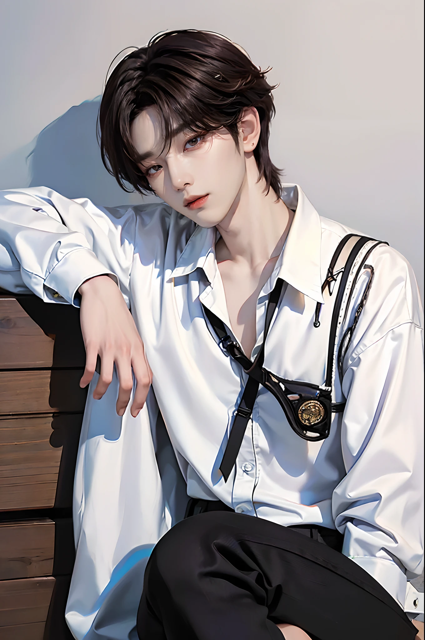 masterpiece、(top-quality)、((high-level image quality))、One Manly Boy、Slim body、((White Y-shirt and long black pants))、(Detailed beautiful eyes)、Stylish home room、Sit with your back to the wall、Face similar to Chaewon in Ruseraphim、((short hair above the ears))、((Smaller face))、((Neutral face))、((Light brown eyes))、((Korean boy))、((18year old))、((Handsome man))、((Wild look))、((Korean Makeup))、((elongated and sharp eyes))、((Sit next to the viewer))、((shot from a side angle))、((The upper part of the body))、((Close-range shooting))