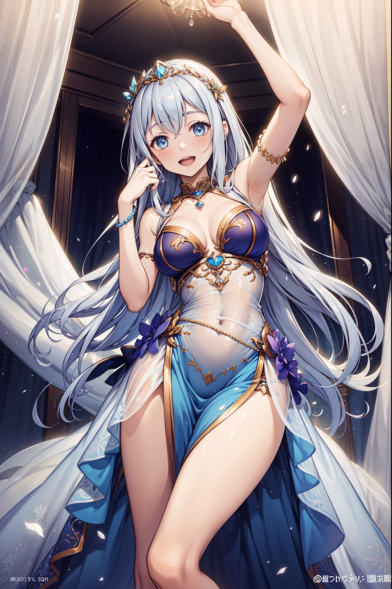 teens girl,Enchanted,having fun,Being in love,White princess dress,Lilac cloth,see-through transparent clothes,exquisite costumes,Bedrooms,solo person,Light silver hair,pale blue color eyes,the night