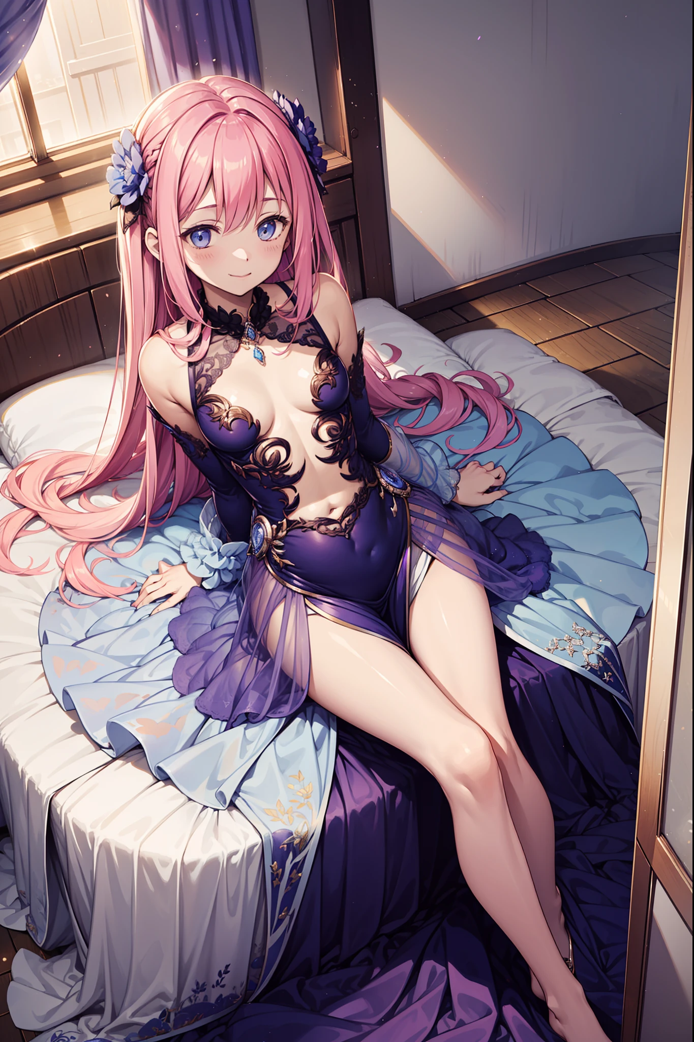 s girl,Enchanted,having fun,Being in love,Pink hair,Light purple wedding dress,Lilac cloth,see-through transparent clothes,exquisite costumes,A small amount of lace,Bedrooms,solo person,blond hairbl,eBlue eyes,the night,