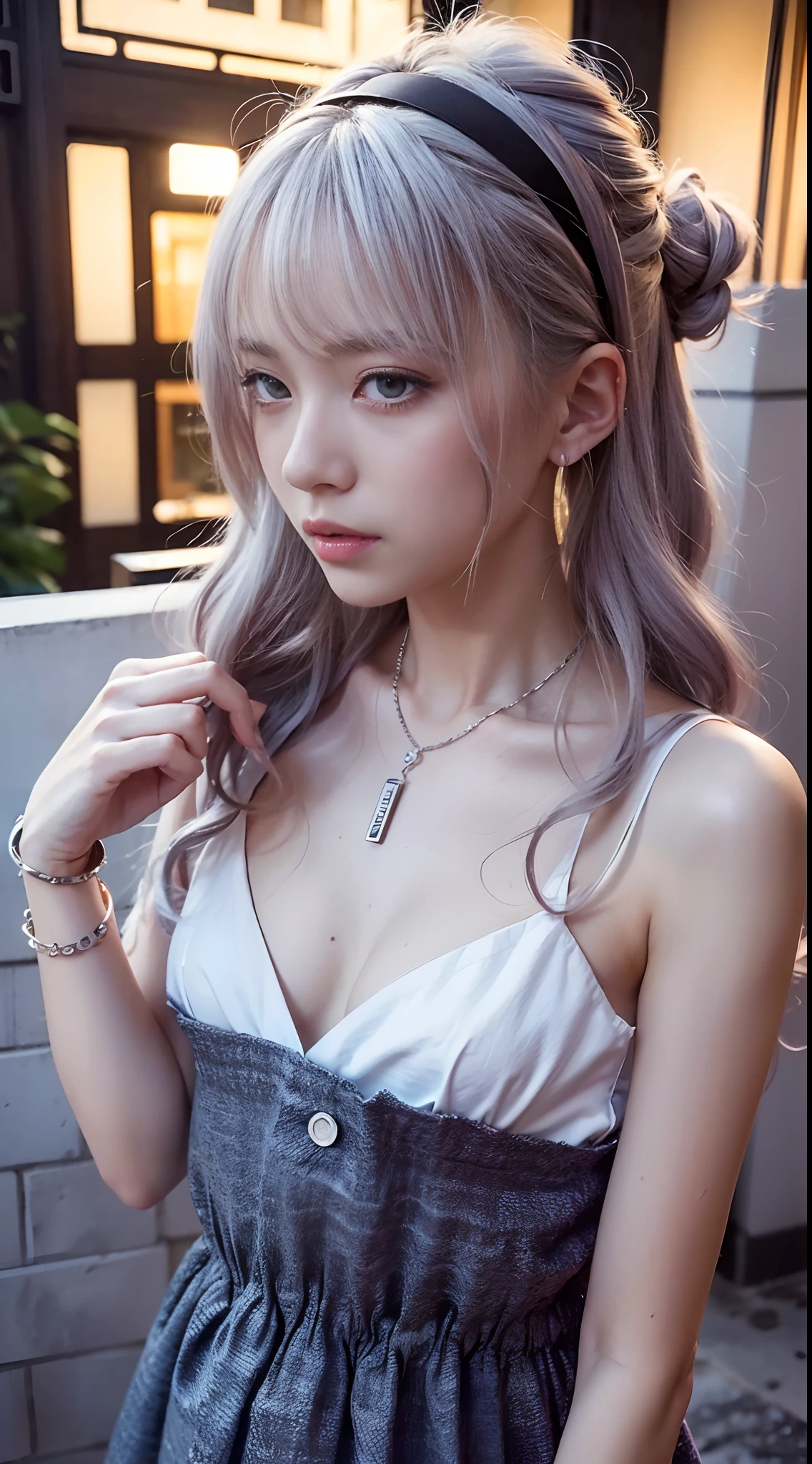 {{masutepiece}}, {{Best Quality}}, rainy day, Cityscape, Huge_filesize, wall-paper, girl, Medium Hair, White hair, Wavy Hair, hair-bun, hair pin, purple hairband, Beautiful detailed eyes, summer dress, a necklace、A bracelet、耳Nipple Ring、small tits、very small breasts、Flat bust