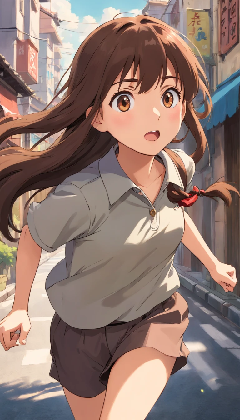 A girl with a long Brown hair,with a bangs,running in the street,wearing decent uniform,serious face,panting