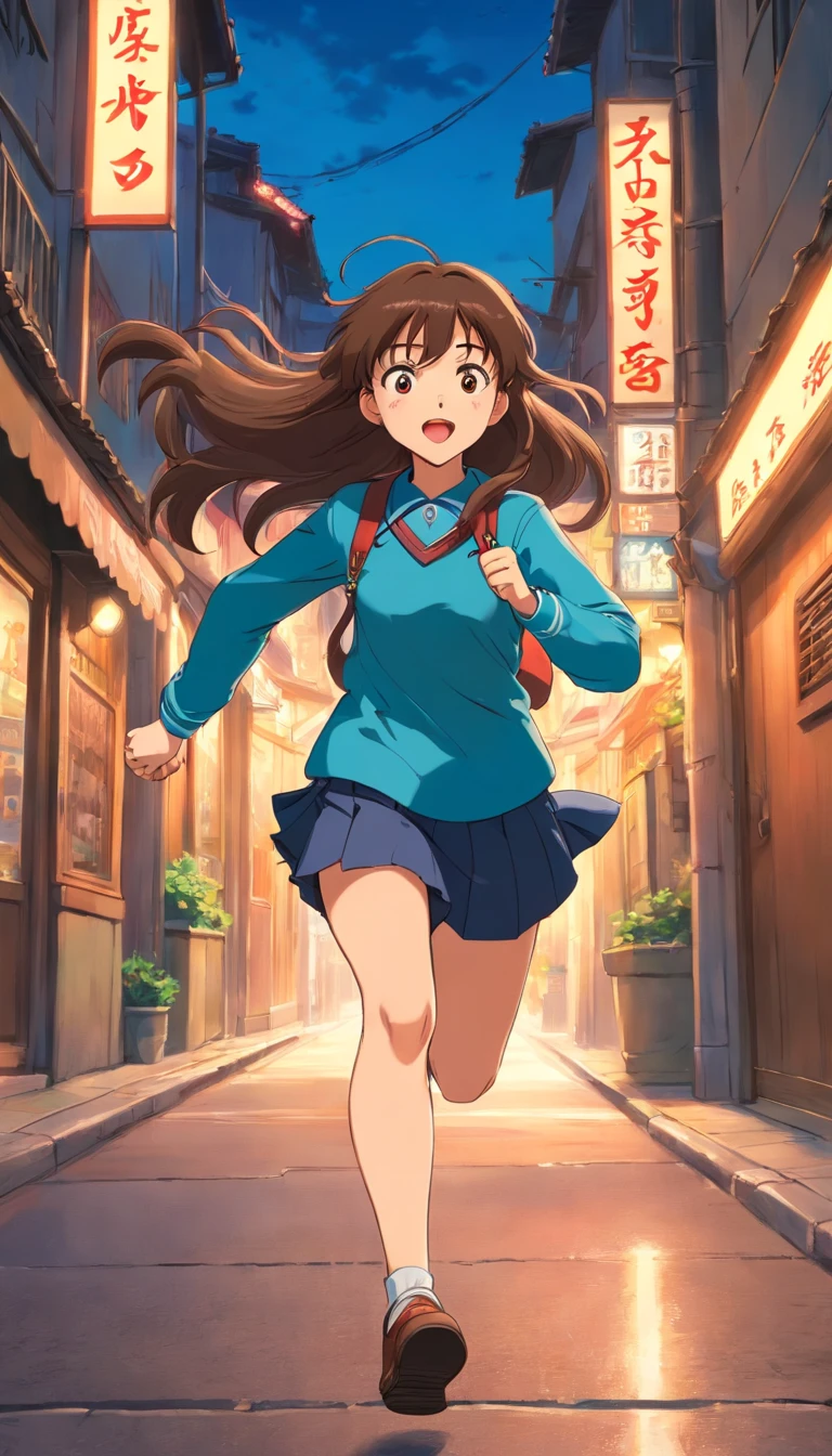 A girl with a long Brown hair,with a bangs,running in the street,wearing decent uniform,serious face,panting