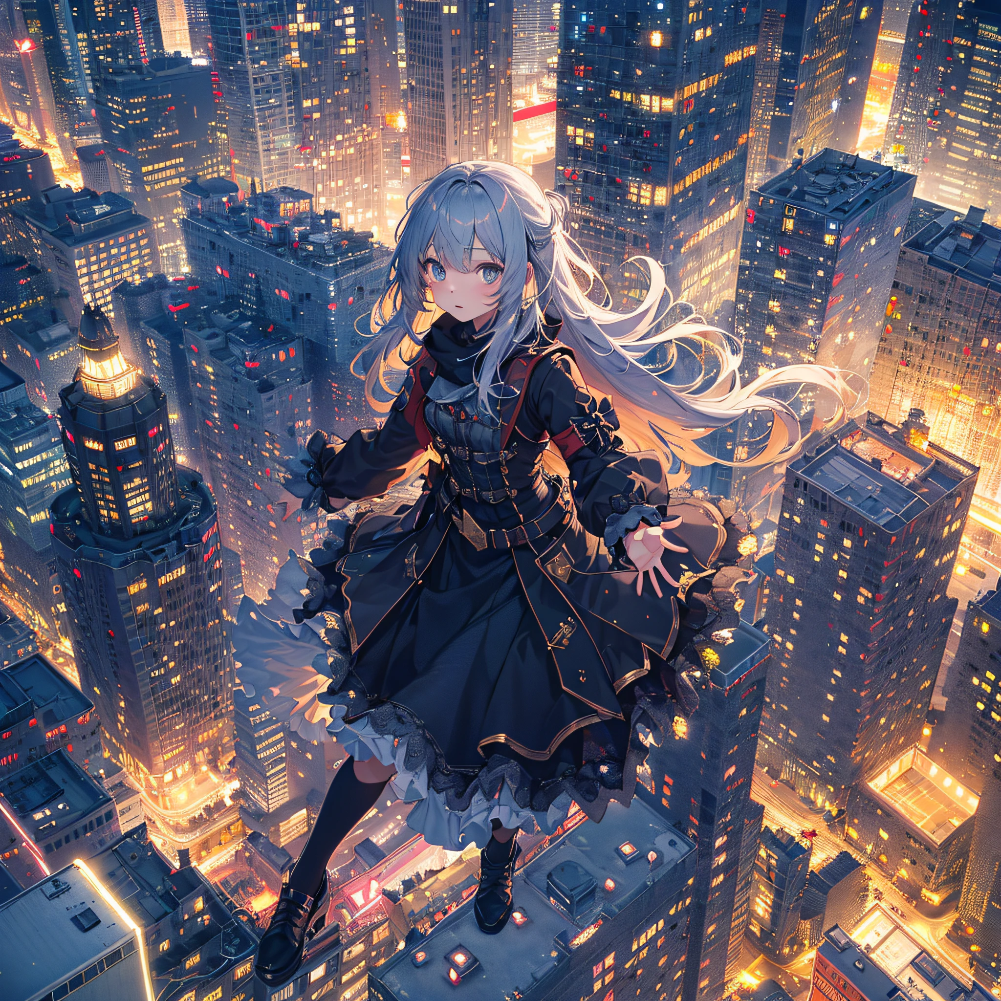 ultra detailed game CG, (High resolution:1.1),(absurderes:1.1), 1girl in,  Girl, Solo, Simple Anime, nightcity, Overlooking the night view from a height