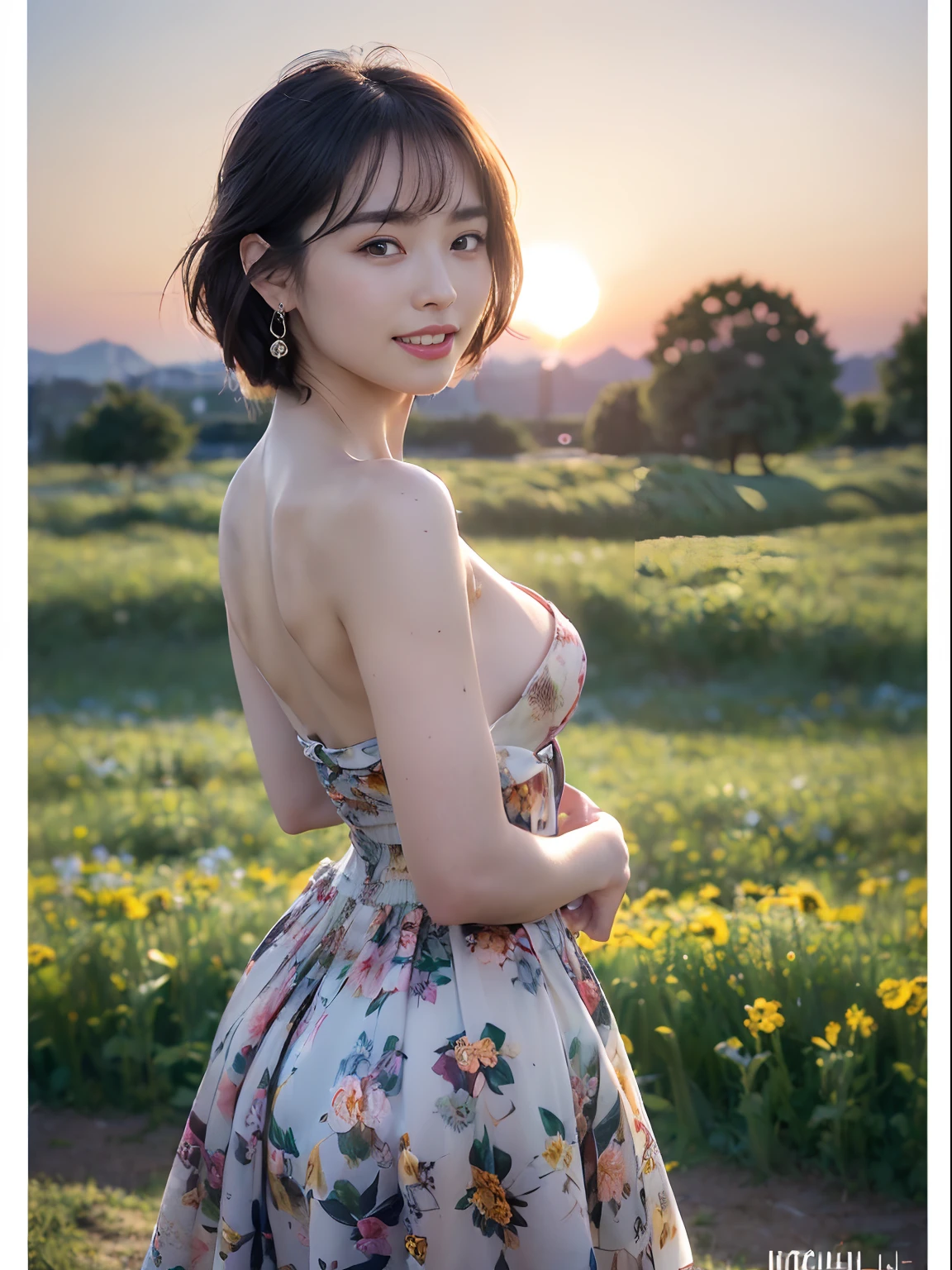 ((8K, RAW Photos, of the highest quality, Masterpieces), high definition RAW color photos professional close-up photos, (Realistic, Photorealism: 1.37), (Highest Quality), (Best Shadows), (Best Illustrations), ((Cute, Beautiful, Ultra High Resolution, High Definition CG Unified 8K Denden Wallpaper, Physically Based Rendering, Movie Lighting), analog style, Elegant, grateful, UHD 8K, Digital SLR, FujifilmXT3, Vibrant, Candid, Dramatic immersive sunset, (Detailed face, Skin Texture), Film grain, Natural light, looking in camera,(Idol),(1 japanese girl),(Photo of a girl in Japan ), (medium breasts), (makeup,lip stick,eye line,mascara,eyeshadows:1.1),glamor,(Perfect face), (Cute face), (Beautiful face), ((Floral dress)), (earrings), ((short bob)), A field of flowers, Beautiful detail eyes, Light on the Face, ((Cowboy Shot: 1.2)), especially strong light, (Upper Eyes, Grinning smile:1.2),Shiny skin, ulzzang -6500-v1.1:0.2, Shy, (The Flash:1.2), (arms behind back:1.2), ((Good anatomy: 1.2)), ((An A field of flowers that is bright , the background is blurred: 1.2)),wakame