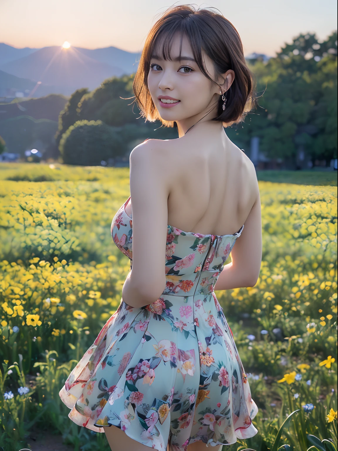 ((8K, RAW Photos, of the highest quality, Masterpieces), high definition RAW color photos professional close-up photos, (Realistic, Photorealism: 1.37), (Highest Quality), (Best Shadows), (Best Illustrations), ((Cute, Beautiful, Ultra High Resolution, High Definition CG Unified 8K Denden Wallpaper, Physically Based Rendering, Movie Lighting), analog style, Elegant, grateful, UHD 8K, Digital SLR, FujifilmXT3, Vibrant, Candid, Dramatic immersive sunset, (Detailed face, Skin Texture), Film grain, Natural light, looking in camera,(Idol),(1 japanese girl),(Photo of a girl in Japan ), (medium breasts), (makeup,lip stick,eye line,mascara,eyeshadows:1.1),glamor,(Perfect face), (Cute face), (Beautiful face), ((Floral dress)), (earrings), ((short bob)), A field of flowers, Beautiful detail eyes, Light on the Face, ((Cowboy Shot: 1.2)), especially strong light, (Upper Eyes, Grinning smile:1.2),Shiny skin, ulzzang -6500-v1.1:0.2, Shy, (The Flash:1.2), (arms behind back:1.2), ((Good anatomy: 1.2)), ((An A field of flowers that is bright , the background is blurred: 1.2)),wakame