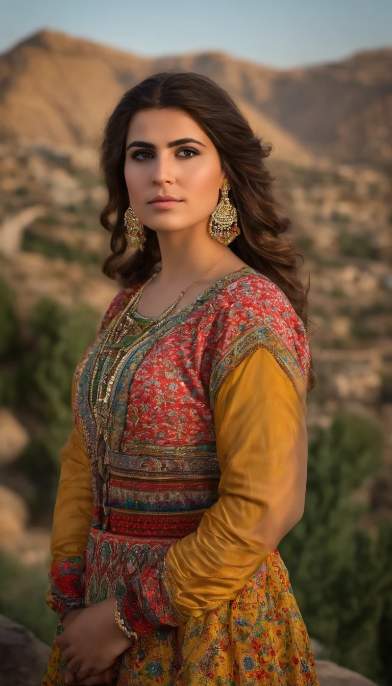 photoreallistic, Photograph of a beautiful Kurdish girl standing, wearing a colorful Kurdish dress, (((very heavy bust))), wavy hair, Assis sur des rochers, next to the citadel; of Erbil, Look into the camera, eyes symmetrical, symmetrical face, photoreallistic, photographie, Path layout, specular lighting, Volumetric facial light, Hair path, Ombres visibles, complexe, elaborate, hdr, Realstic, photographier avec unCANON EOS R5 +RF 24-105 F4 L IS USM