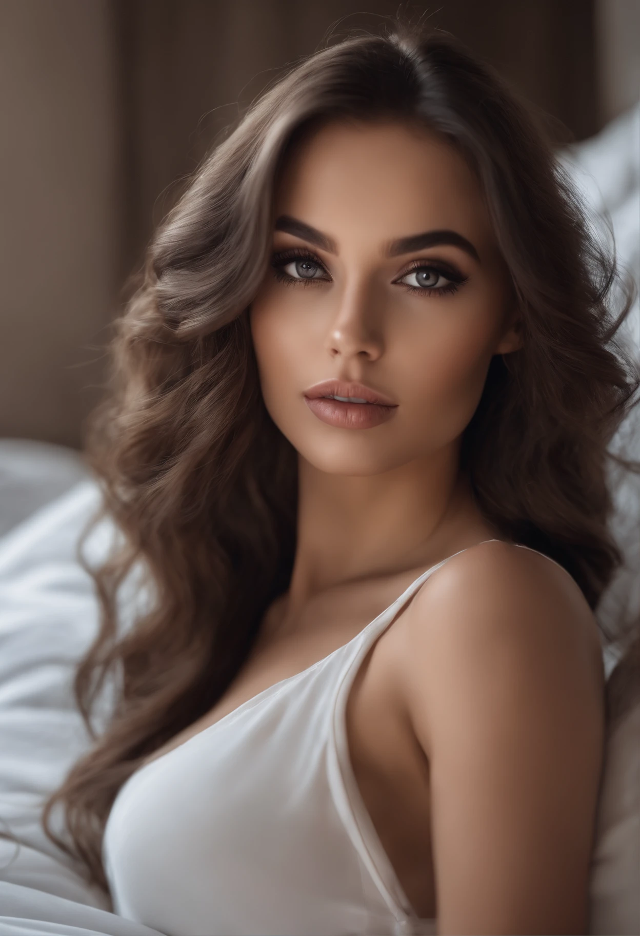 Arafed woman completely , fille sexy aux yeux bruns, ultra realist, Meticulously detailed, Portrait Sophie Mudd, cheveux bruns et grands yeux, selfie of a young woman, Dubai Eyes, Violet Myers, sans maquillage, maquillage naturel, looking straight at camera, Visage avec Artgram, Maquillage subtil, Great photo of the whole body kneeling on the bed, dans la chambre, Medium to large bust