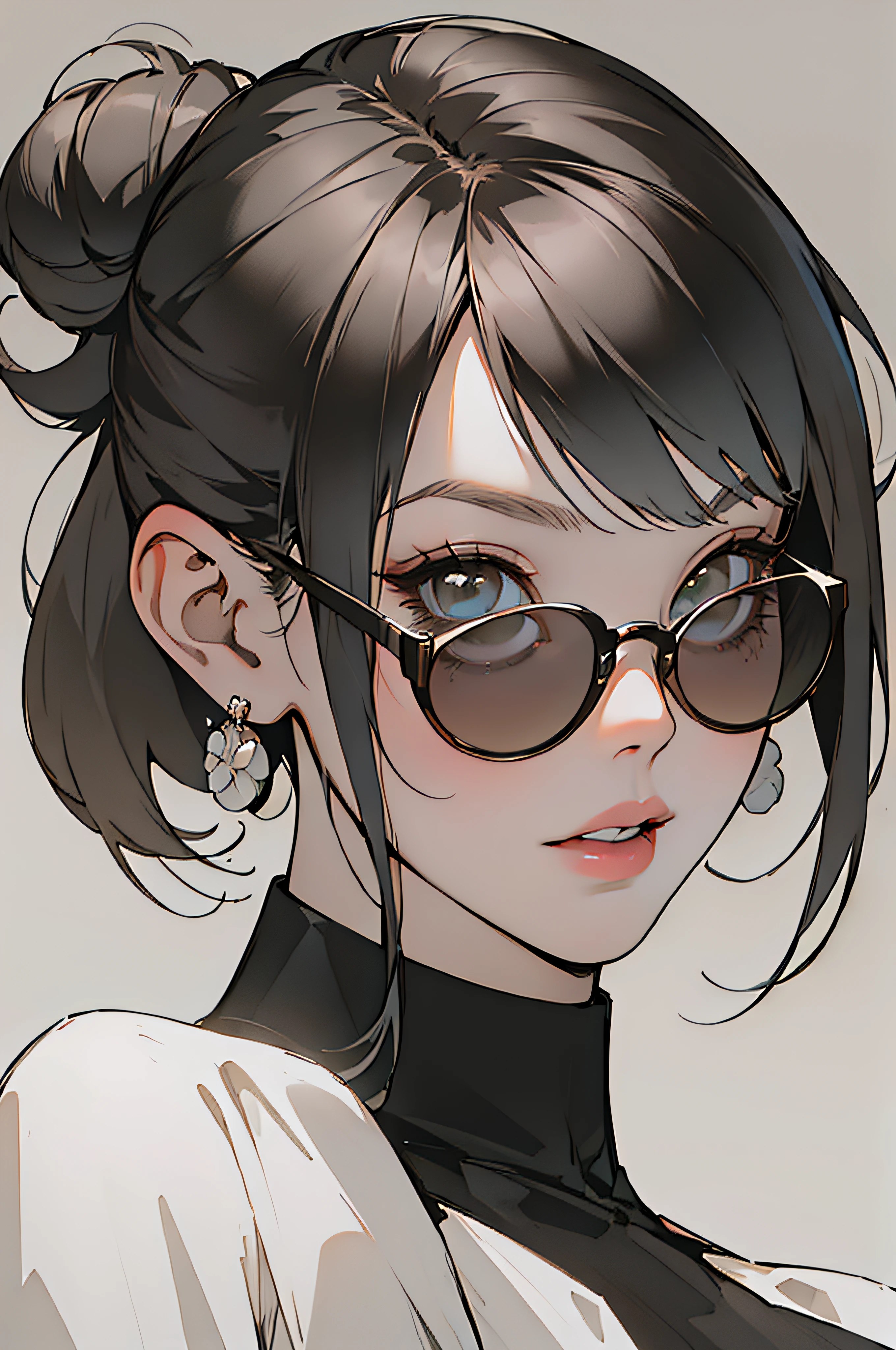 1girl, solo, looking at viewer, short hair, bangs, simple background, jewelry, sidelocks, earrings, parted lips, glasses, hair bun, lips, single hair bun, sunglasses, portrait, round eyewear, tinted eyewear,stylemidjurney,1 gril,1 girl