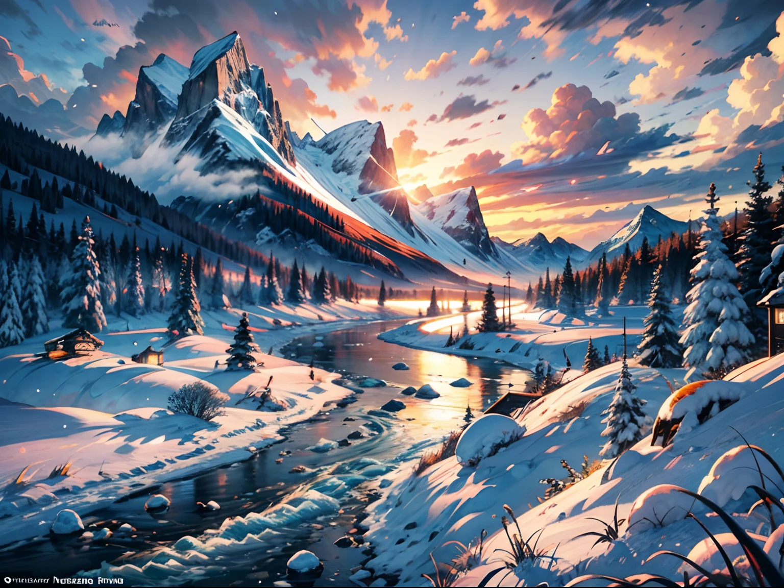 Majestic scene of a frozen river during the Ice Age，Everything is covered in snow and ice，snow mountains，Ice Spike Forest，extreme light，Small bushes，Blizzarding，mist，Blizzarding，BREAK，A detailed，realisticlying，Highly detailed digital art in 4K，rendering by octane，Bio-luminescence，BREAK 8K resolution concept art，hentail realism，by Mappa Studios，tmasterpiece，best qualtiy，offcial art，illustratio，Lenneclaire，（cool_color），Perfectcomposition，hoang lap，fanciful，focus-on，trichotomy，